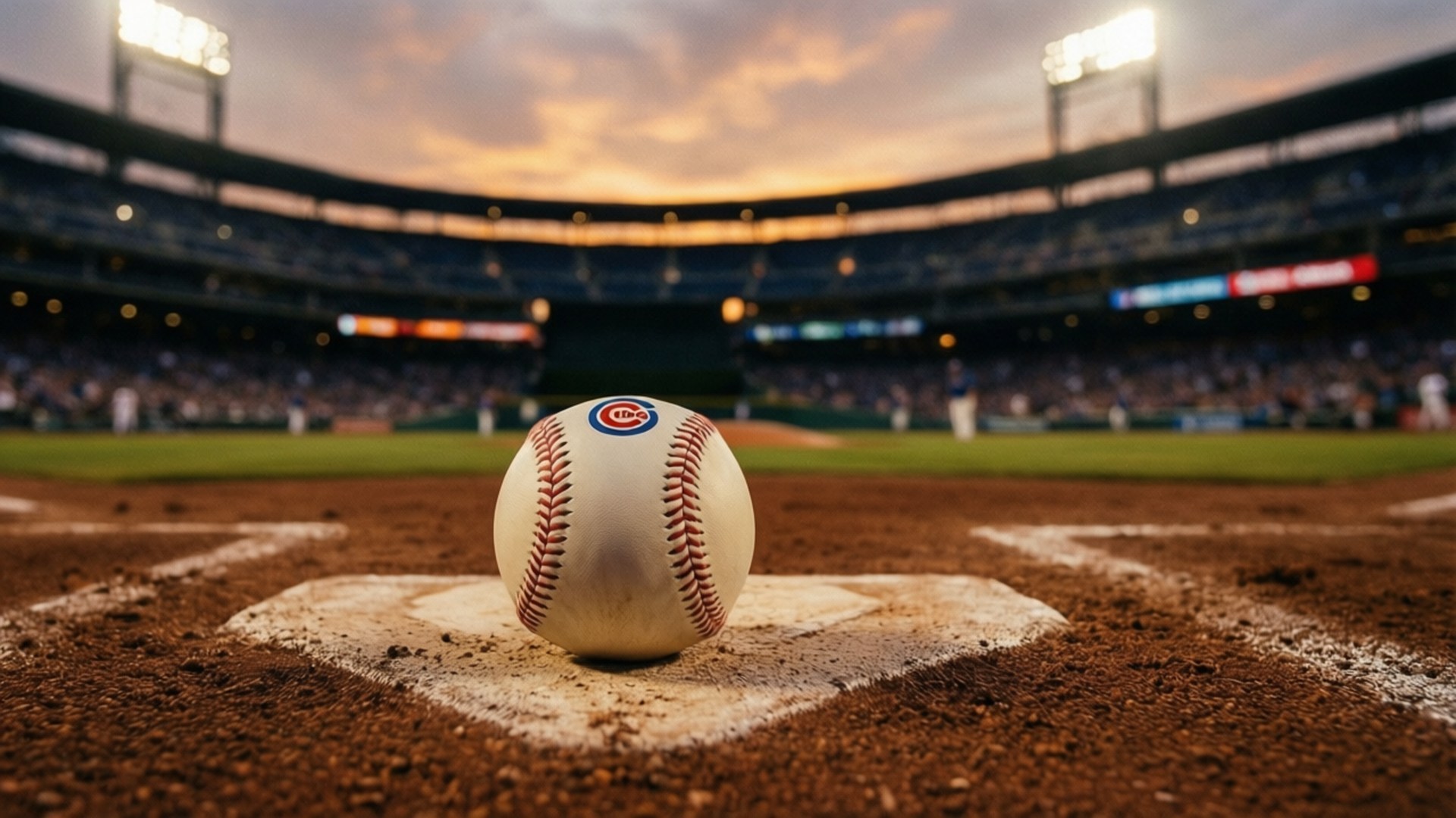 Dusk on Home Plate 壁紙 — 芝加哥小熊隊的棒球在黃昏時分放在本壘板上，球場內人山人海，燈光閃爍。