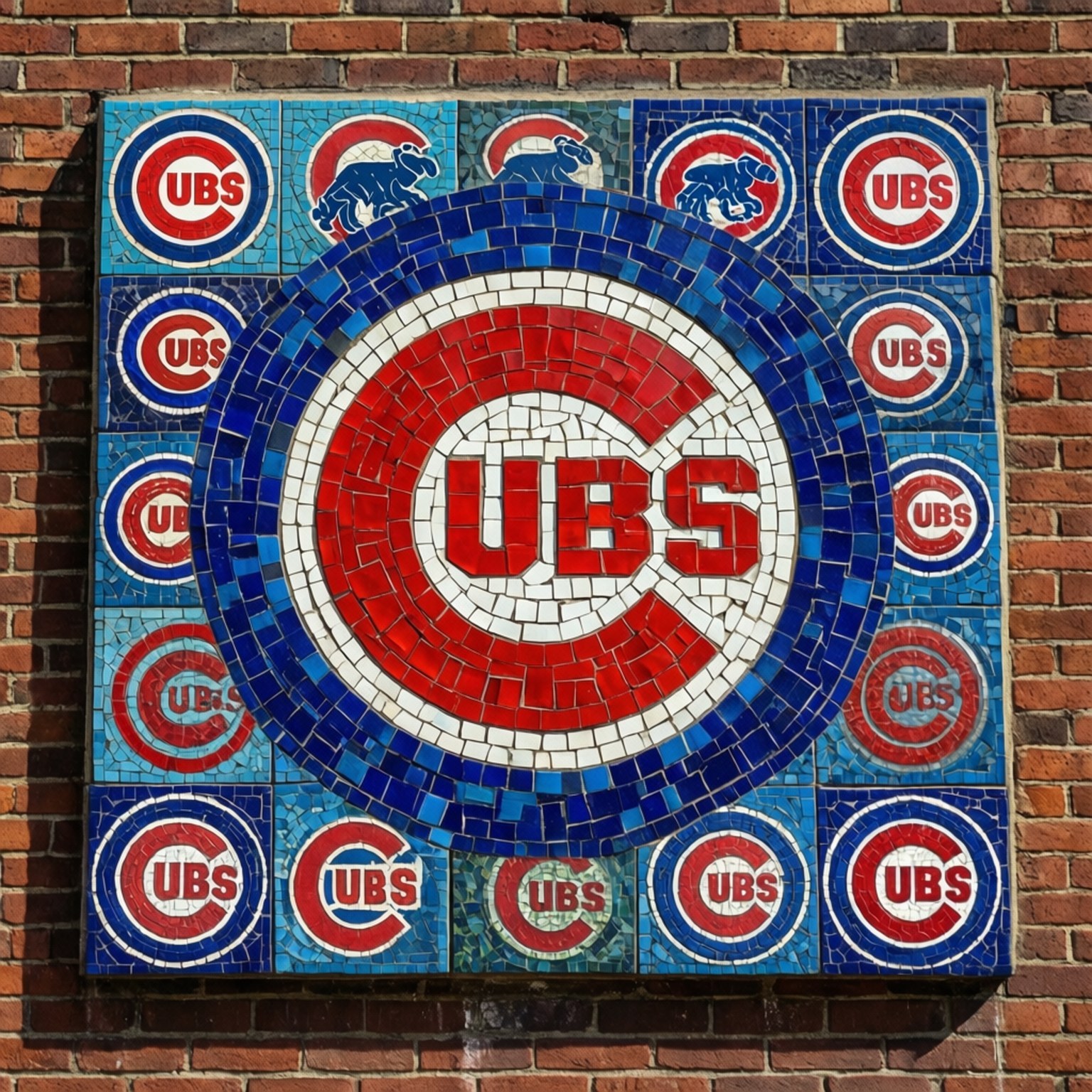 Mosaic Mural 壁紙 — 一幅充滿活力的馬賽克藝術品，以紅、白、藍色瓷磚拼砌芝加哥小熊隊標誌，安裝在磚牆上。