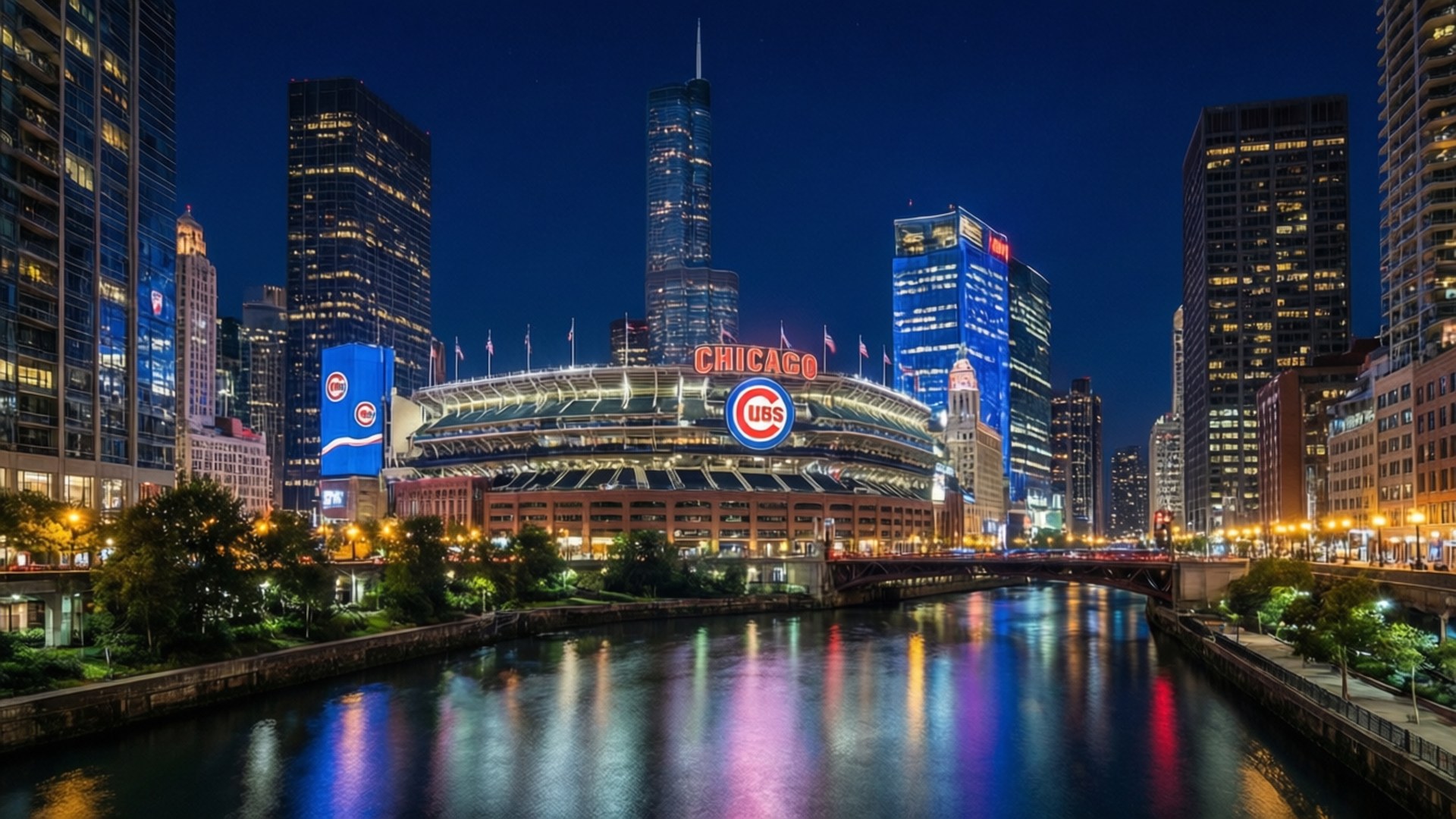 Cubs Cityscape Night 壁紙 — 芝加哥小熊隊球場在夜空下發光，城市燈光倒映在下面的河流中。
