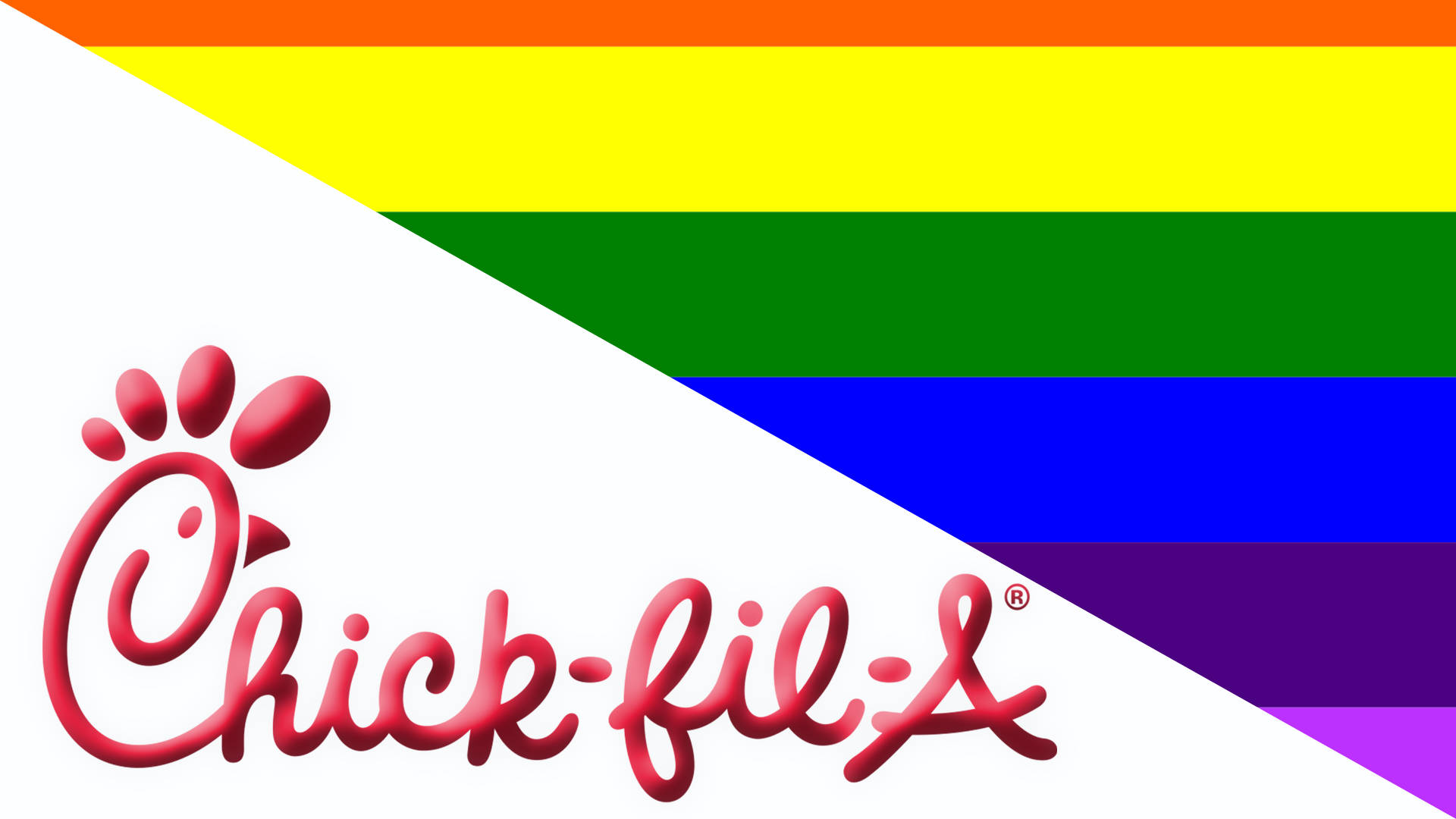 chick 桌布 壁紙 — Chick-fil-A 標誌以紅色字體印在白色斜線上，背景為彩虹旗條紋。