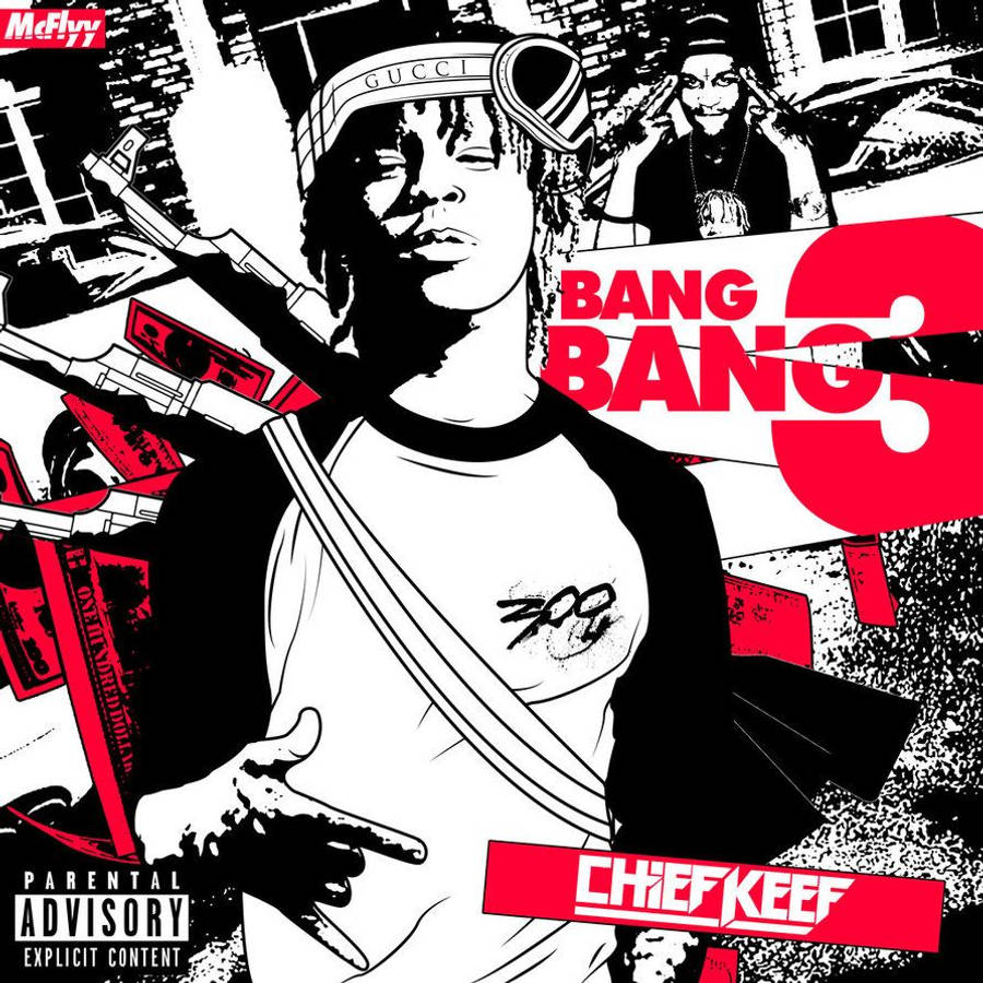 Chief Keef 桌布 壁紙 — Chief Keef 的醒目黑白插圖，帶有紅色點綴，手持槍和錢，周圍環繞著城市塗鴉和文字。