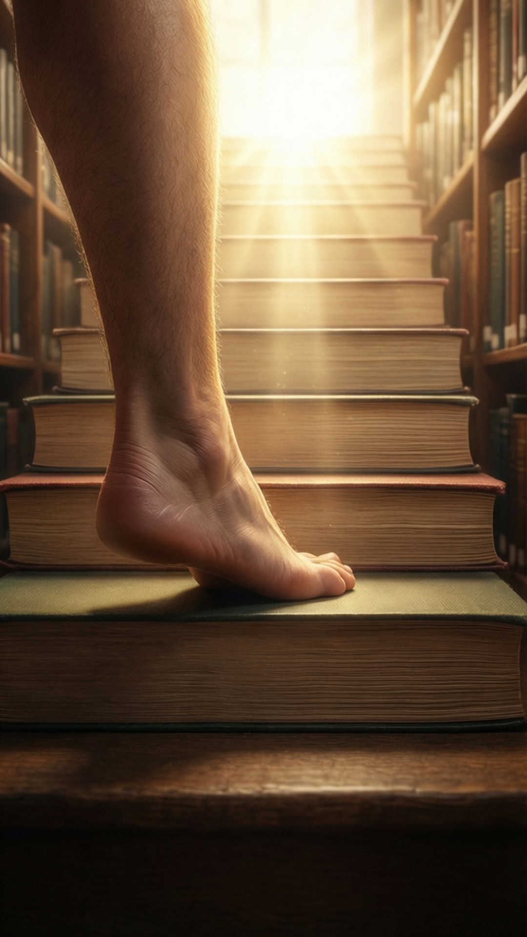 Stairway of Knowledge 壁紙 — 一隻赤腳站在通往金色陽光的書梯上，書梯在高聳的書架之間上升。
