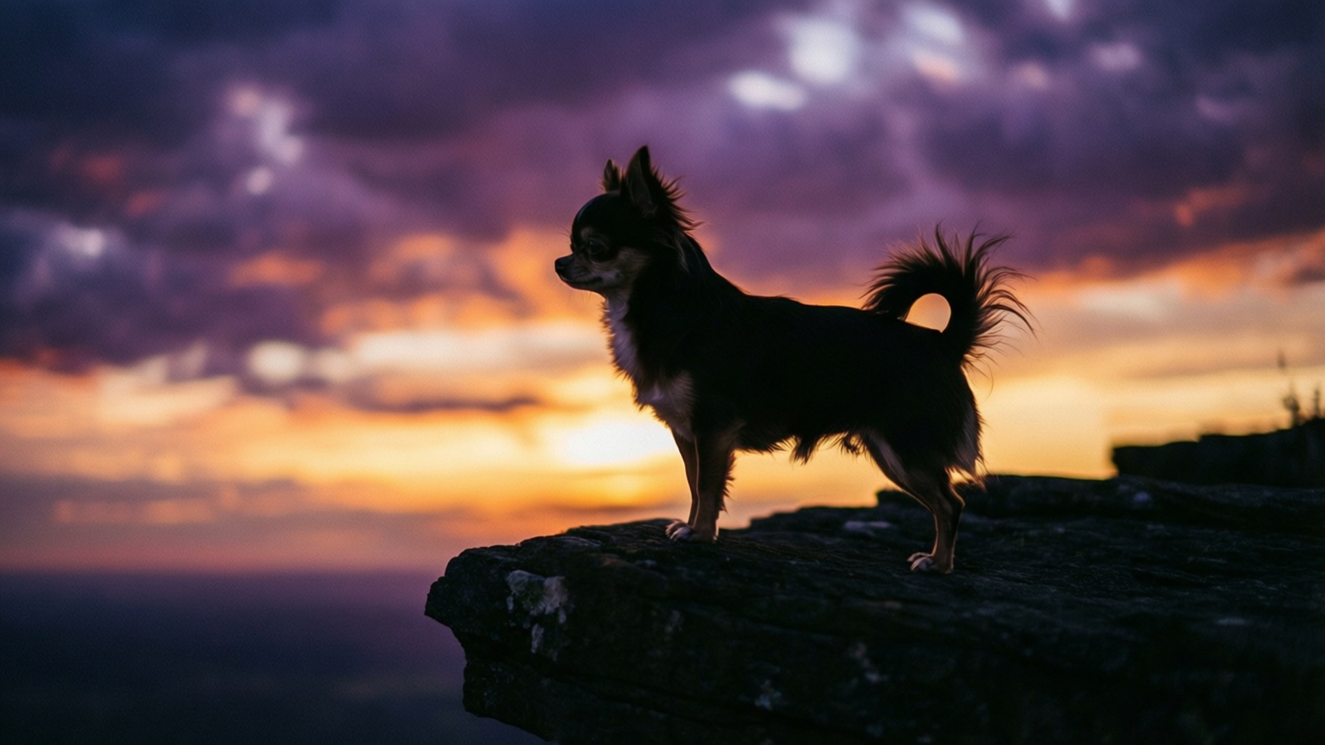 Sunset Silhouette 壁紙 — 一隻吉娃娃站在岩石懸崖上，以戲劇性的紫色和橙色日落天空為背景，呈現剪影。