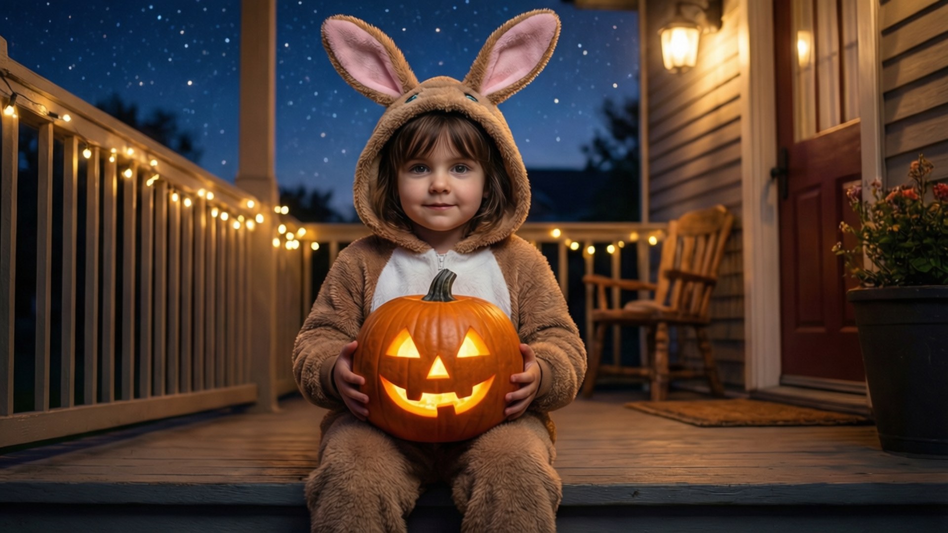 Bunny Onesie and Jack-O'-Lantern 壁紙 — 一個穿著兔子服裝的孩子在星光燦爛的夜晚門廊上，拿著一個發光的南瓜燈，周圍有燈串照明。
