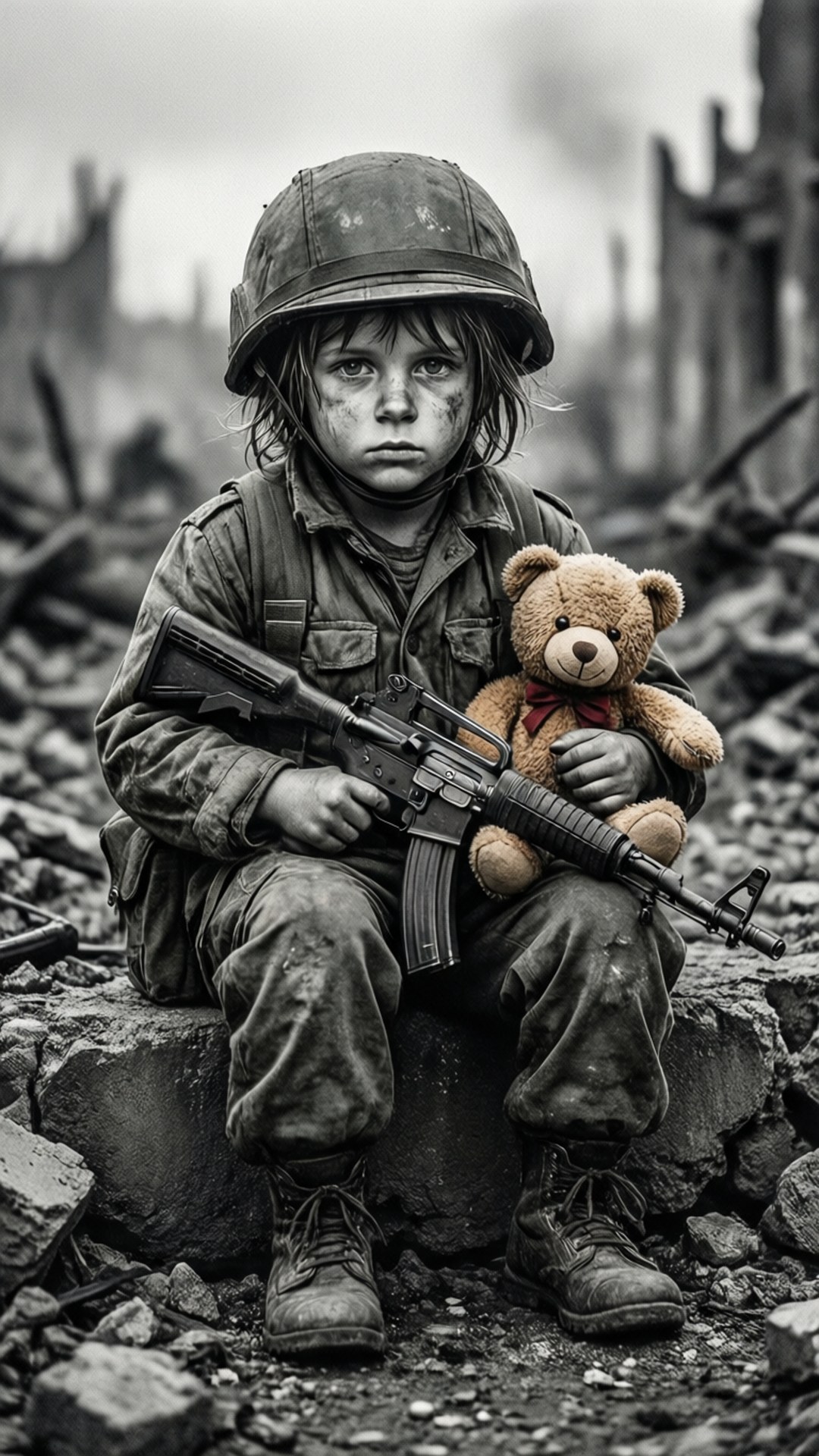 Child Soldier Innocence 壁紙 — 一個穿著軍裝的小孩坐在瓦礫中，手持步槍和泰迪熊。