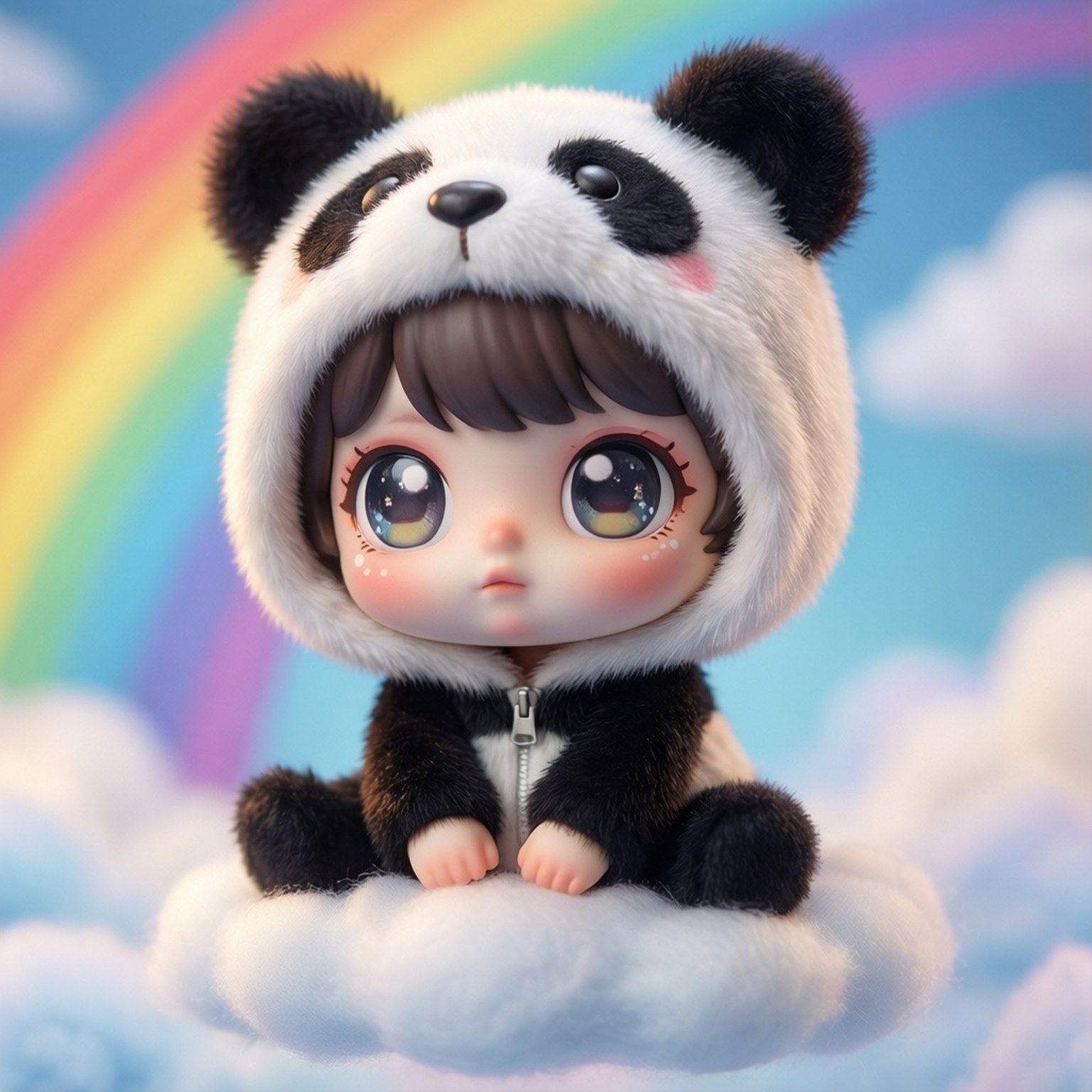 Chibi Panda Dream 壁紙 — 一個穿著毛絨熊貓服裝的孩子坐在雲端上，下方是色彩繽紛的彩虹，在奇幻的天空中。