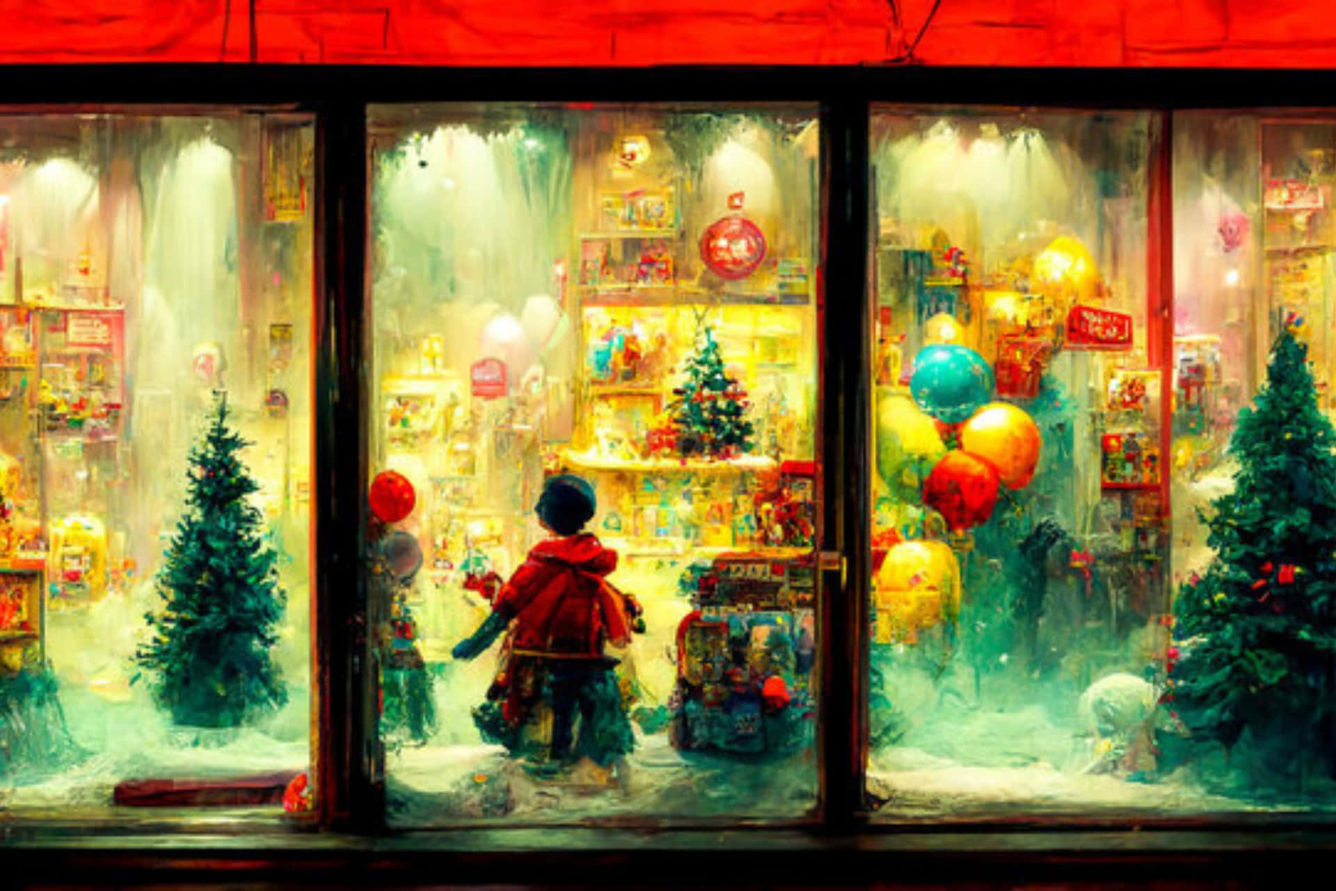  壁紙 — 一個穿著紅色外套的孩子透過一個充滿雪花的商店櫥窗凝視著，裡面擺滿了發光的聖誕玩具和聖誕樹。