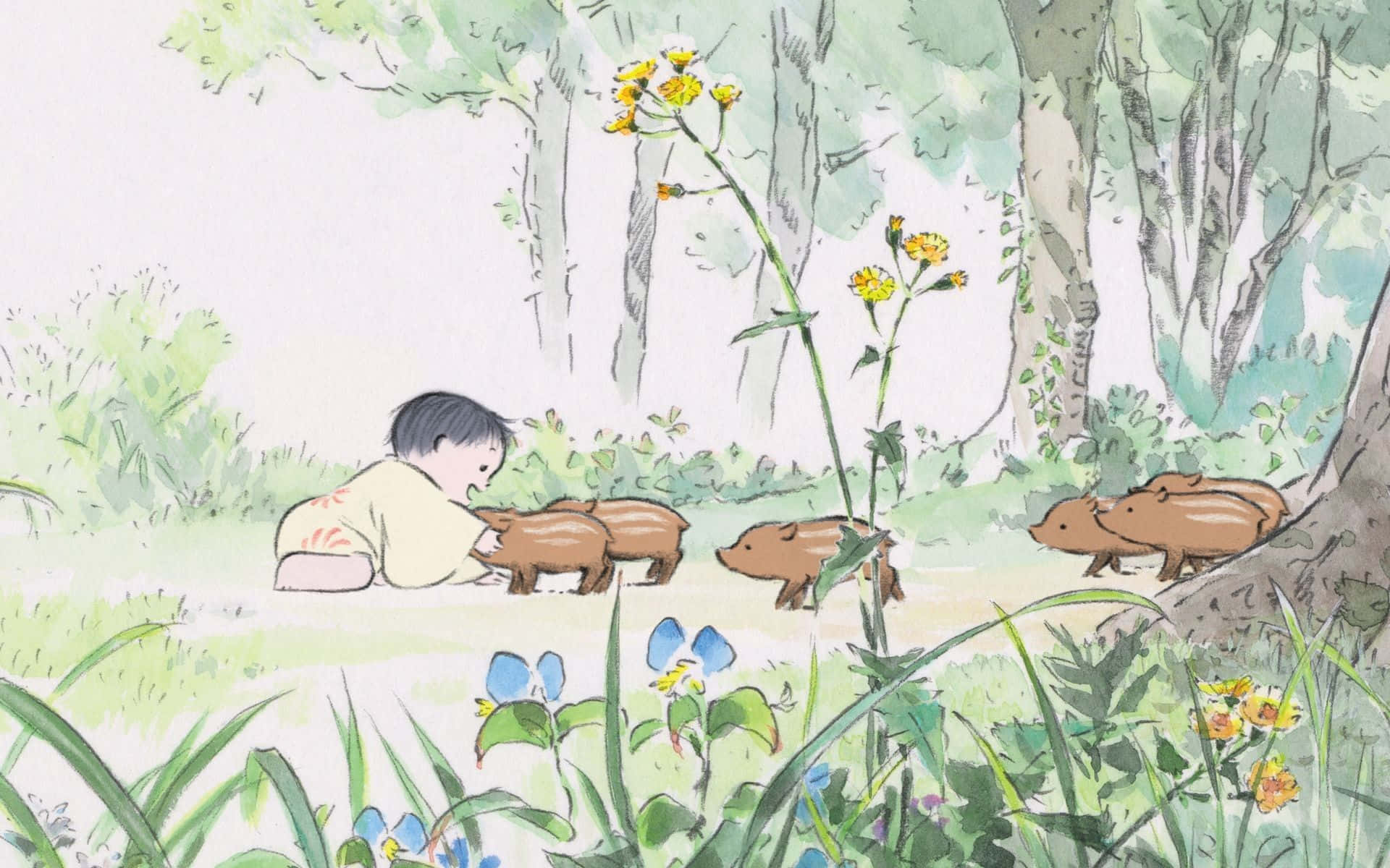 The Tale Of The Princess Kaguya 桌布 壁紙 — 一個孩子在森林中溫柔地看著一排棕色小豬穿過高草和野花。