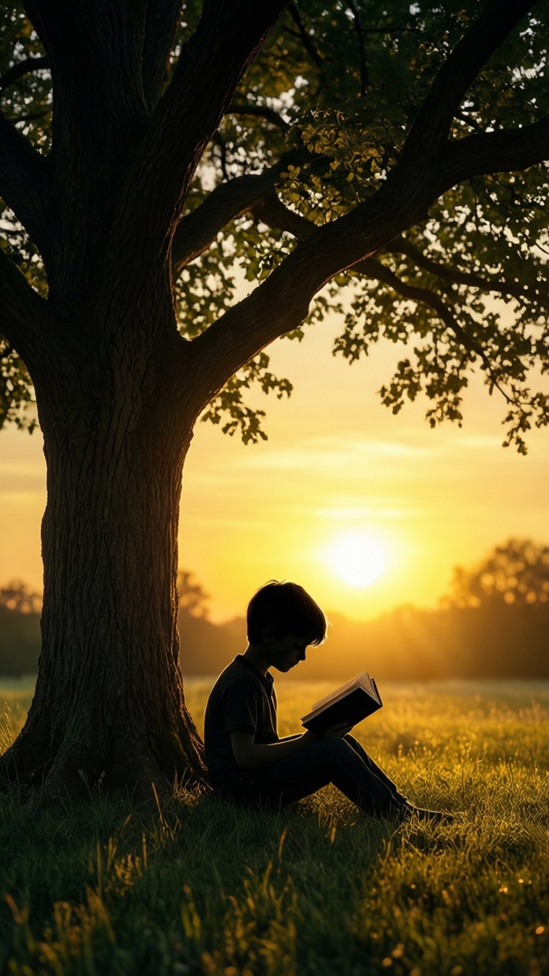 Sunset Tree Reading 壁紙 — 一個孩子坐在大樹下的剪影中閱讀一本書，夕陽在他們身後落下，灑下金色的光芒。