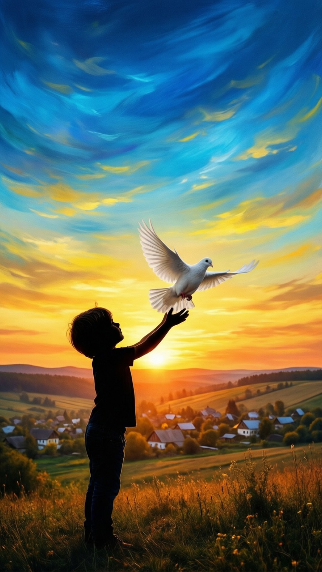 Peace For Ukraine 桌布 壁紙 — 一個孩子在充滿活力的日落襯托下，將一隻白鴿放飛到田園村莊上方旋轉的藍色和金色天空中。