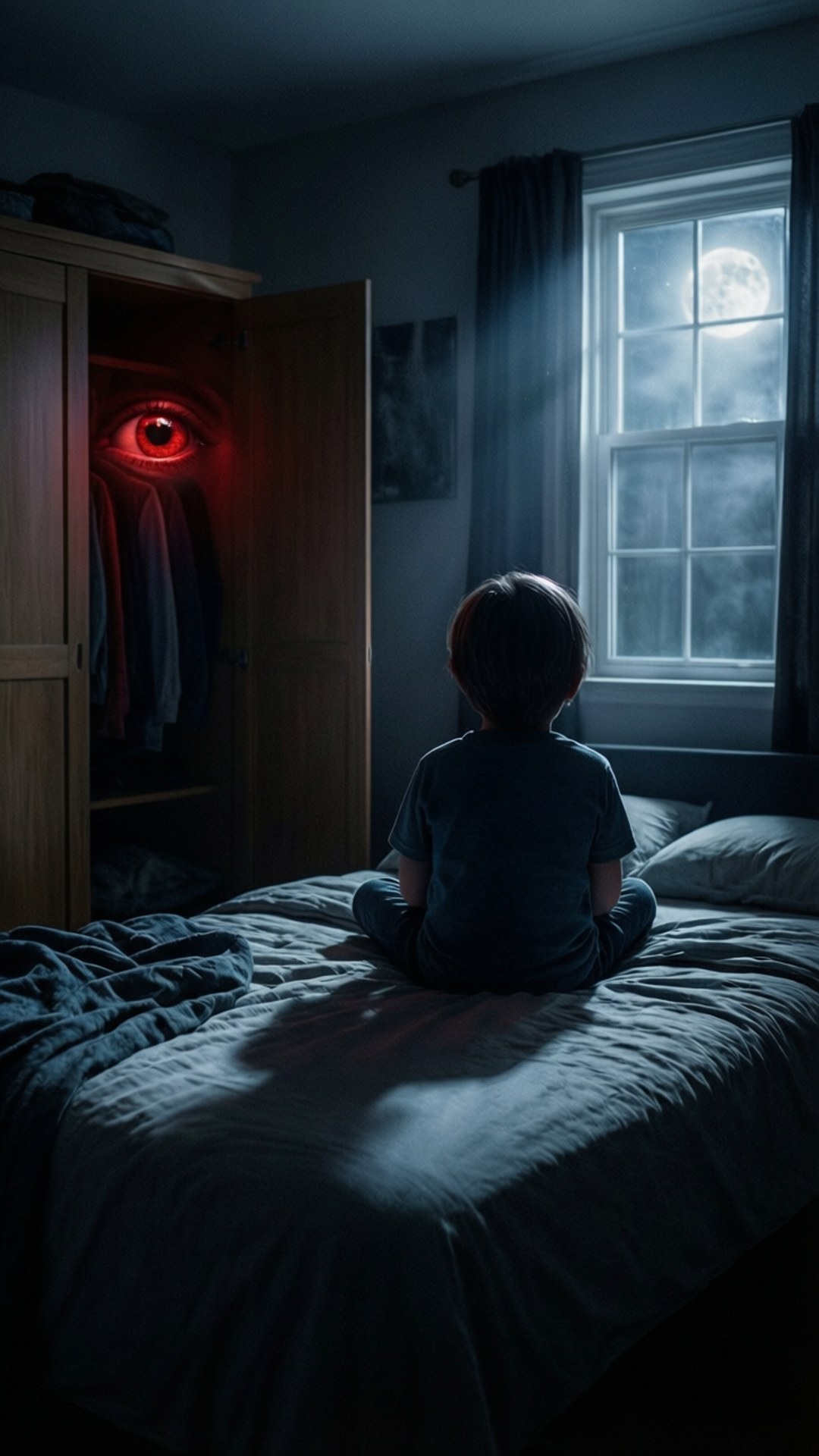 Midnight Bedroom Visitor 壁紙 — 一個孩子坐在黑暗房間的床上，凝視著從打開的衣櫃中窺視的發光紅色眼睛，月光透過窗戶照射進來。