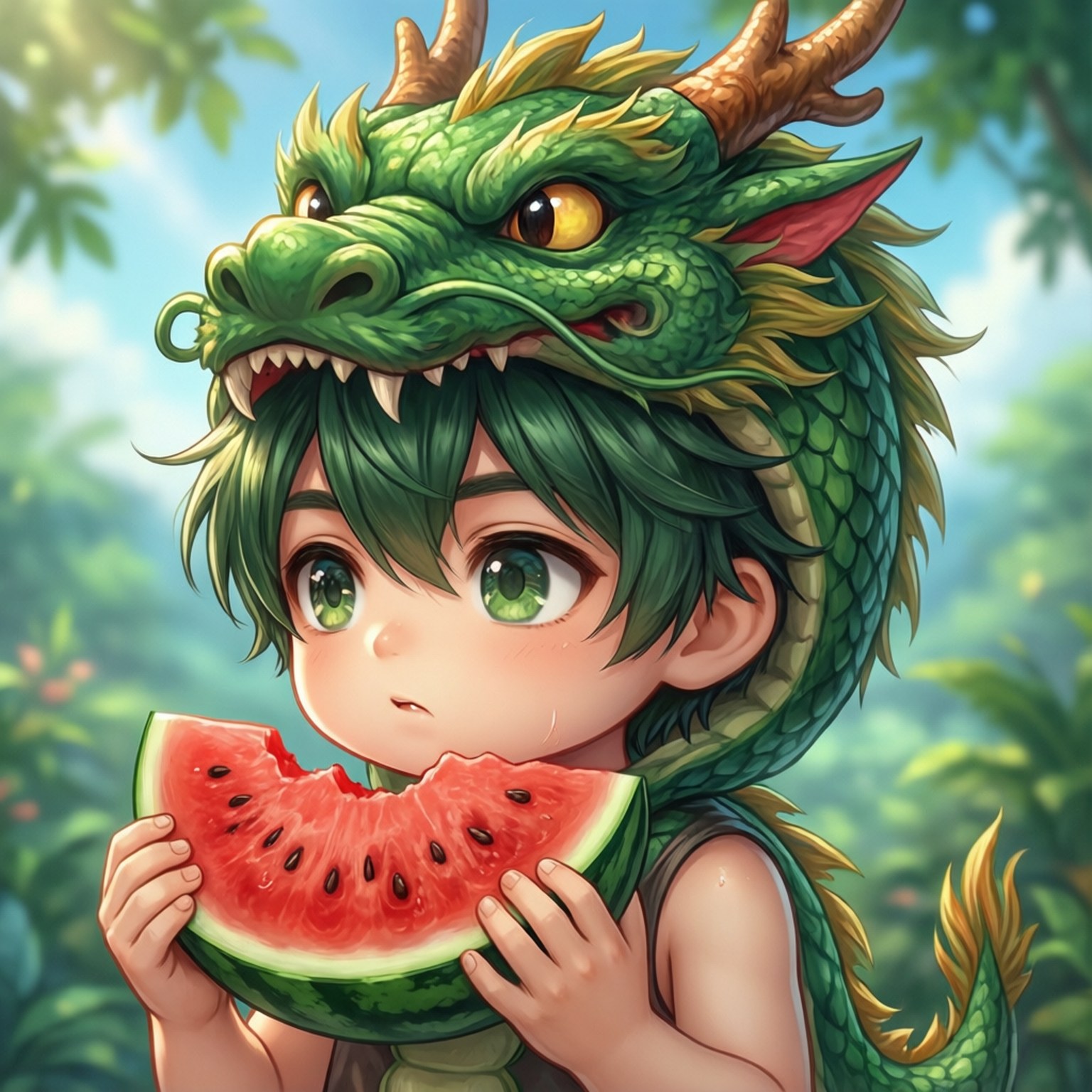 Watermelon Dragon Hat 壁紙 — 一個動漫風格的小孩，綠色頭髮，戴著綠色龍頭飾，在陽光明媚的森林裡吃西瓜。