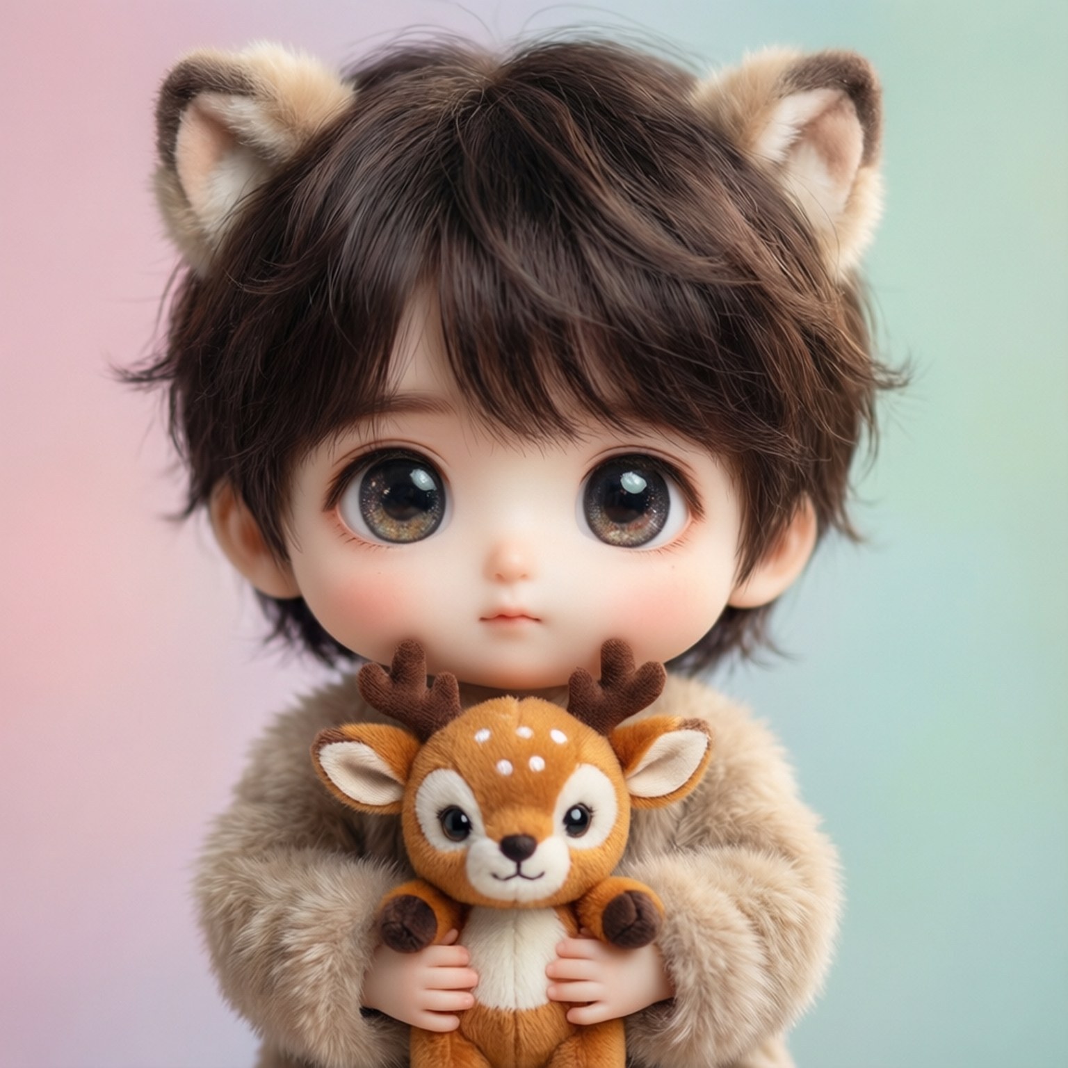 Chibi Deer Plushie 壁紙 — 一個有狐狸耳朵和棕色頭髮的孩子抱著一個毛絨鹿，背景是柔和的粉彩漸變色。