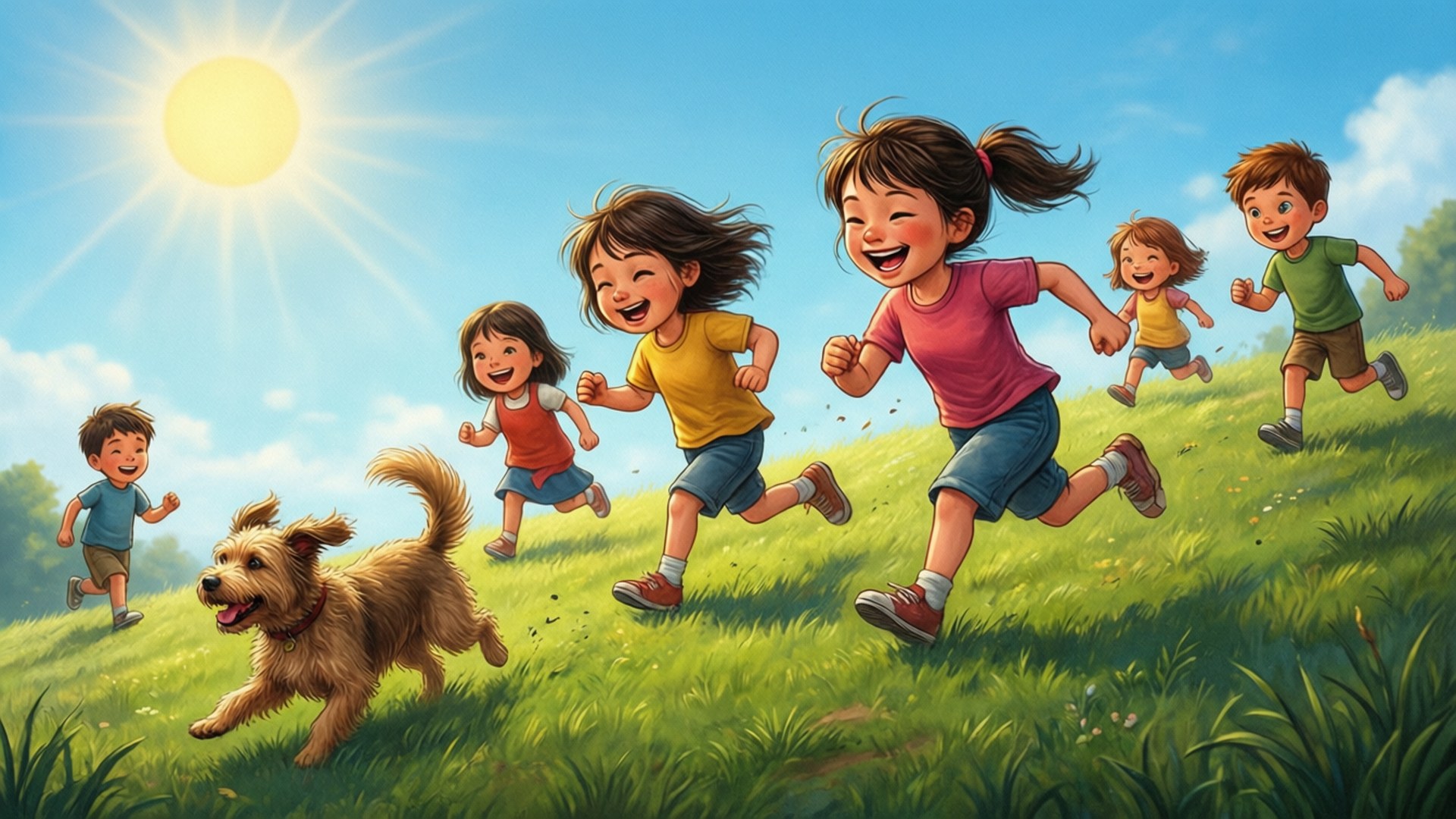 Chasing the Dog 壁紙 — 孩子們和一隻狗在明亮的藍天下，快樂地跑過陽光照耀的草地山坡。