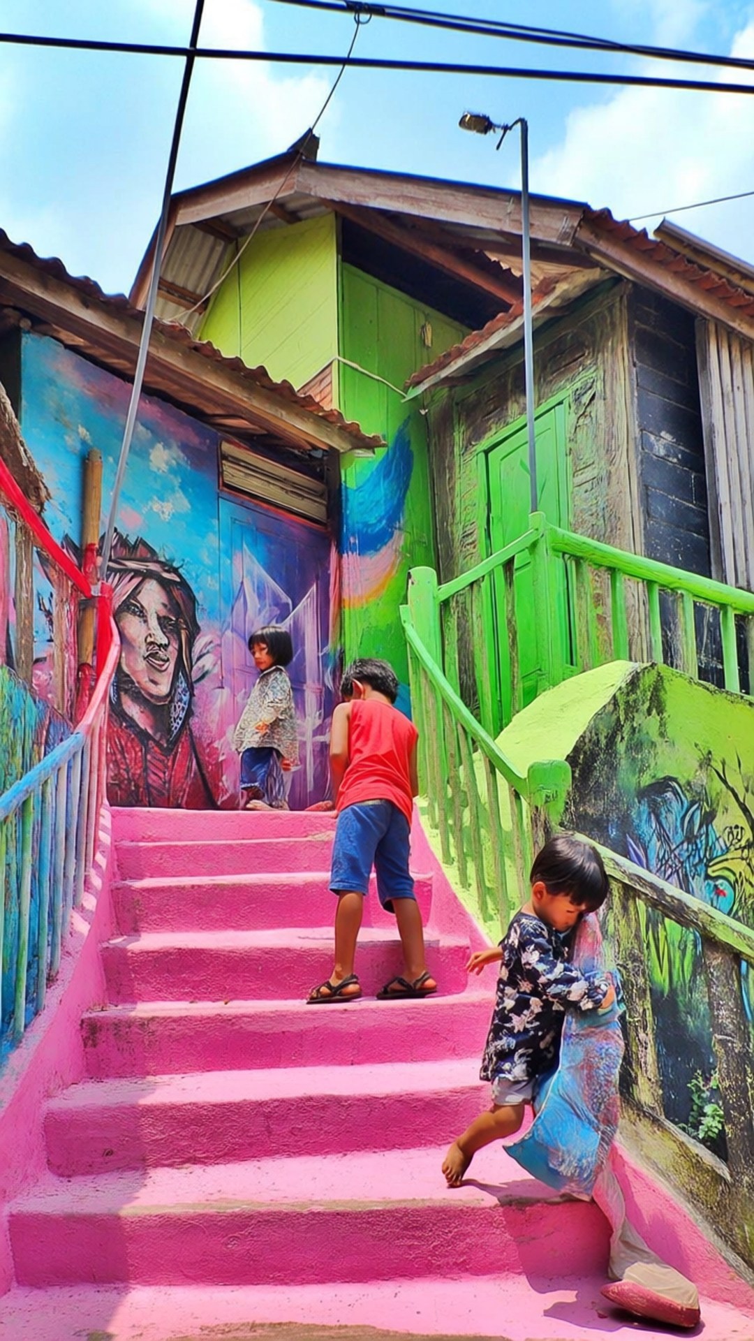 Kampung Pelangi Color 壁紙 — 孩子們在明亮的藍天下，在佈滿塗鴉的牆壁旁邊爬上充滿活力的粉紅色樓梯。