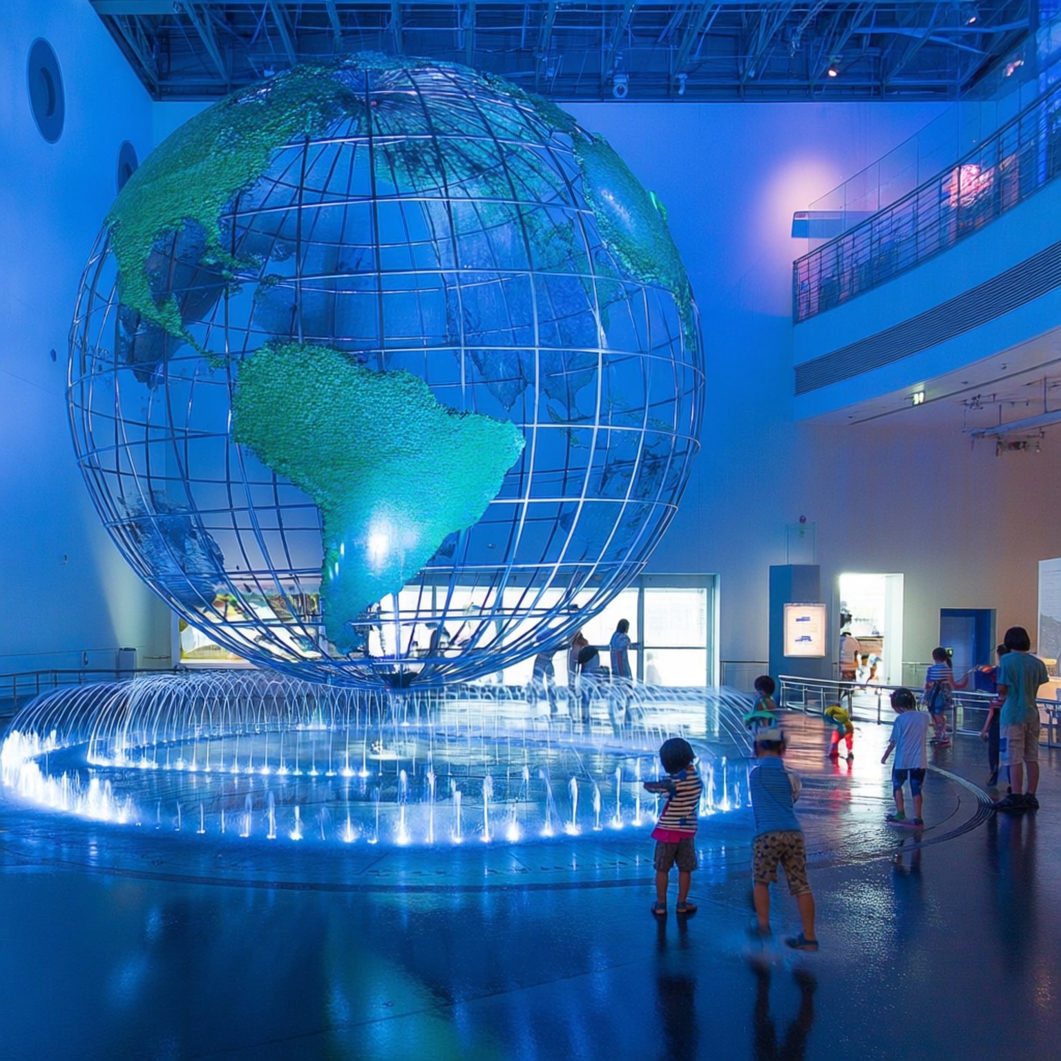 Science Museum Wonder 壁紙 — 孩子們聚集在一個發光的藍色噴泉周圍，噴泉位於現代博物館大廳中一個巨大的發光線框地球儀下方。