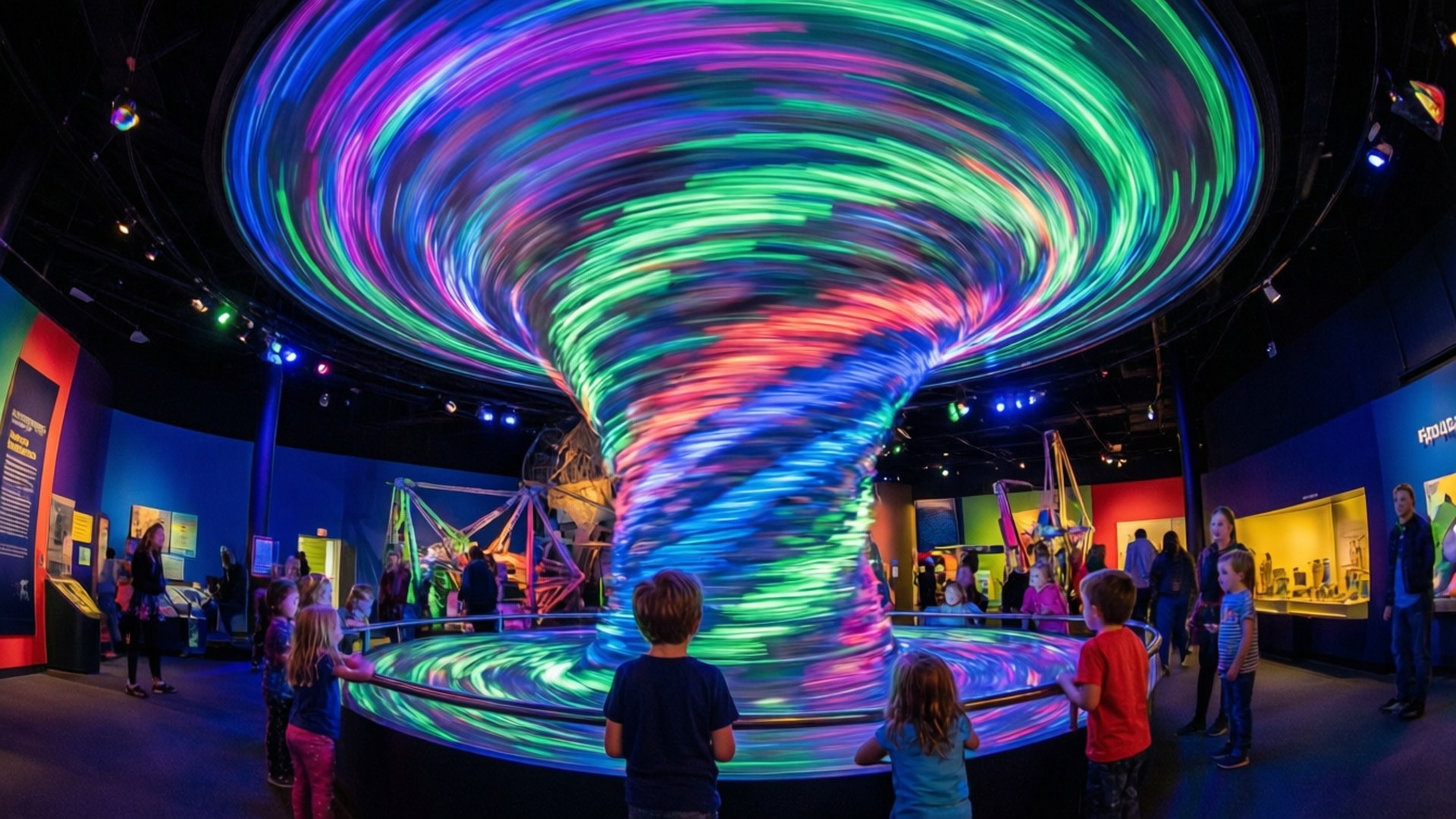 Questacon Vortex 壁紙 — 孩子們聚集在黑暗科學博物館展覽中一個旋轉的霓虹燈漩渦周圍。
