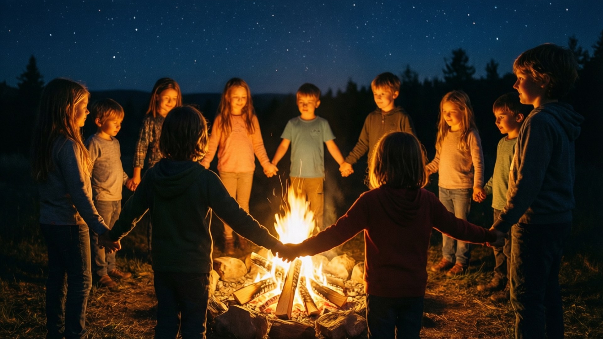 Campfire Circle 壁紙 — 孩子們在繁星點點的夜空下圍著明亮的營火手牽手圍成一個圈。