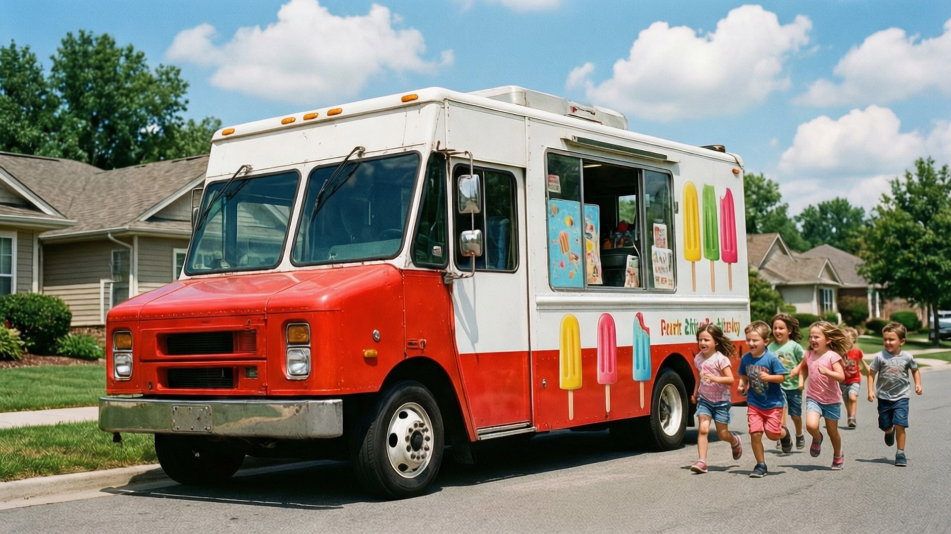 Ice Cream Truck 桌布 壁紙 — 孩子們快樂地奔向一輛停泊在陽光明媚的郊區街道上的紅白相間的冰淇淋車。