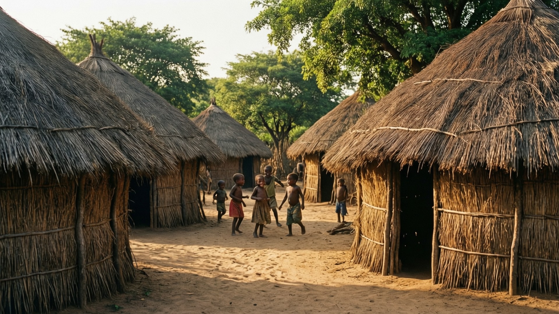 African Village Life 壁紙 — 孩子們在陽光明媚的非洲村莊裡，赤腳在茅草屋之間玩耍，地面是沙地，周圍有茂密的綠樹。