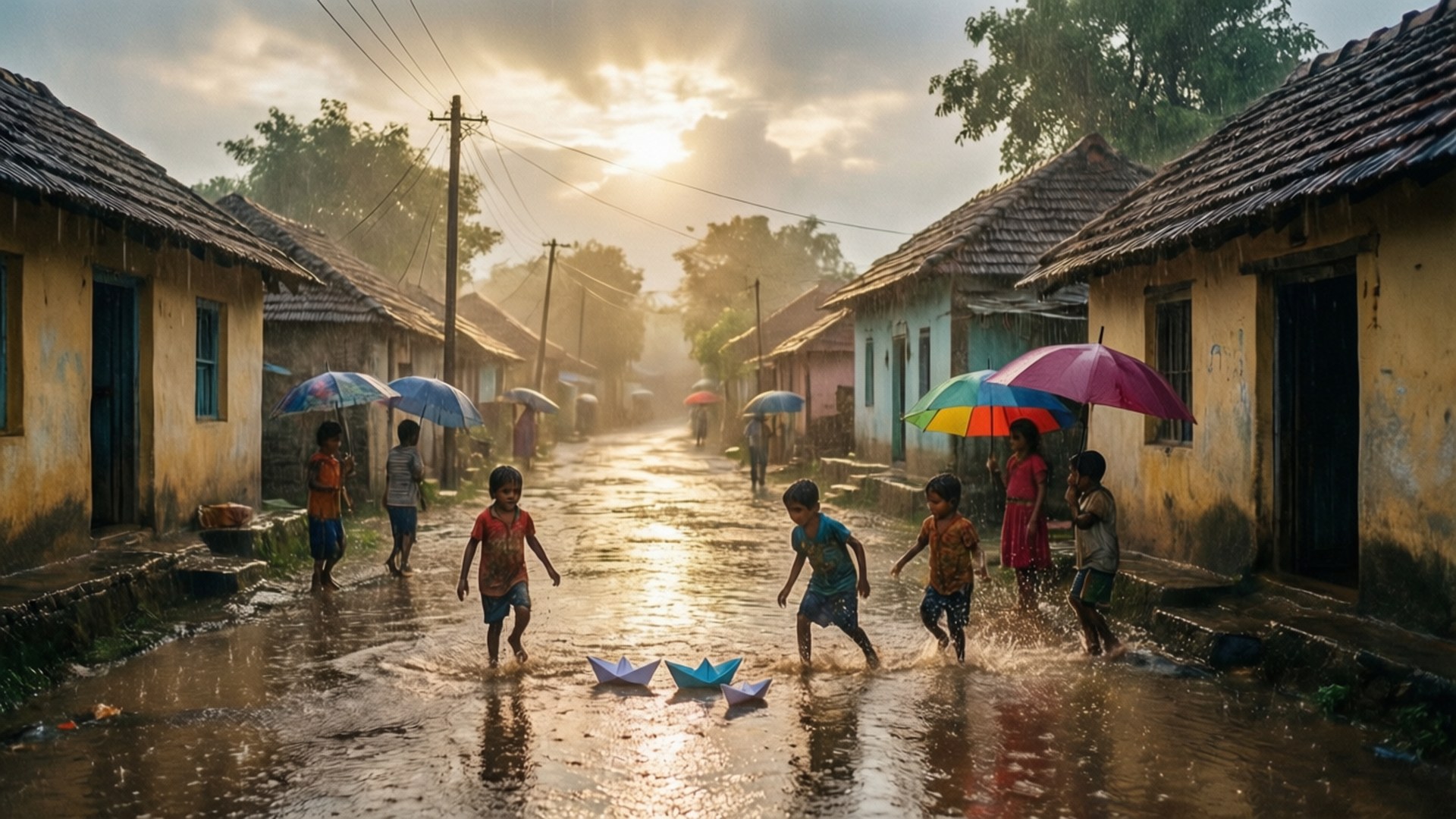 Monsoon 桌布 壁紙 — 孩子們在陽光明媚、被雨水浸透的村莊街道上，拿著彩色雨傘和紙船快樂地玩耍。