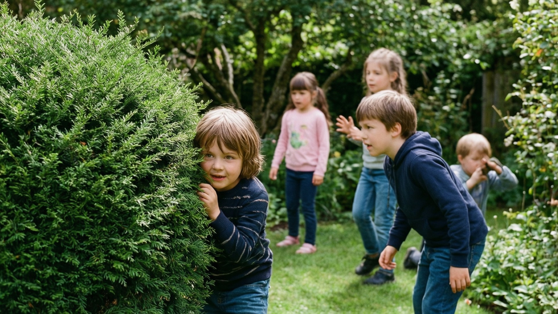 Hide and Seek 壁紙 — 一個小孩從茂密的綠色灌木叢後探出頭來，其他孩子正在陽光普照的花園裡玩捉迷藏。