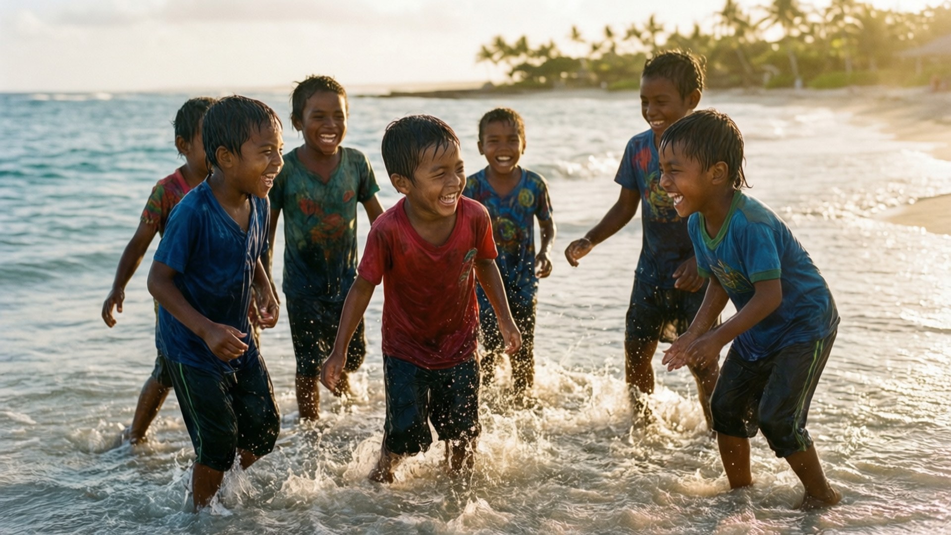 Children Beach Joy 壁紙 — 一群快樂的孩子在熱帶海灘的黃金時刻，在淺海波浪中嬉戲大笑。