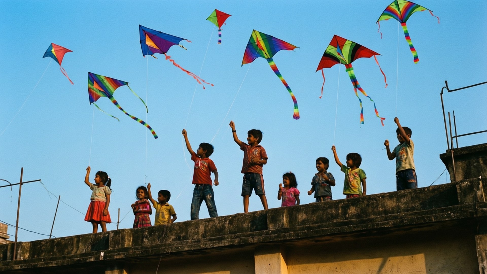Kite Flying Rooftop 壁紙 — 孩子們站在混凝土屋頂上，在清澈的藍天下放飛色彩鮮豔的風箏。