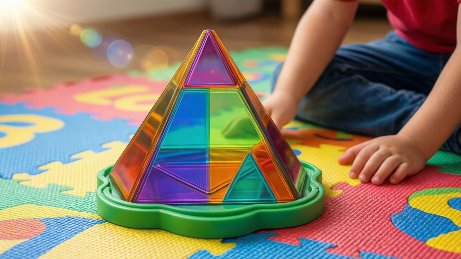 Toy Prism Playful 壁紙 — 孩子的手放在一個色彩繽紛的磁性金字塔玩具旁邊，玩具立在充滿活力的圖案遊戲墊上，陽光照射進來。