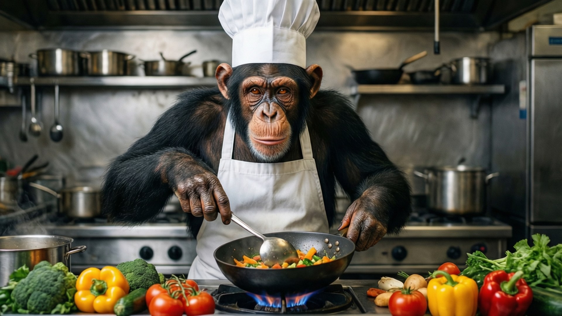 Primate Chef Kitchen 壁紙 — 一隻黑猩猩廚師戴著白色廚師帽和圍裙，在不鏽鋼廚房的藍色火焰上攪拌鍋中的彩色蔬菜。