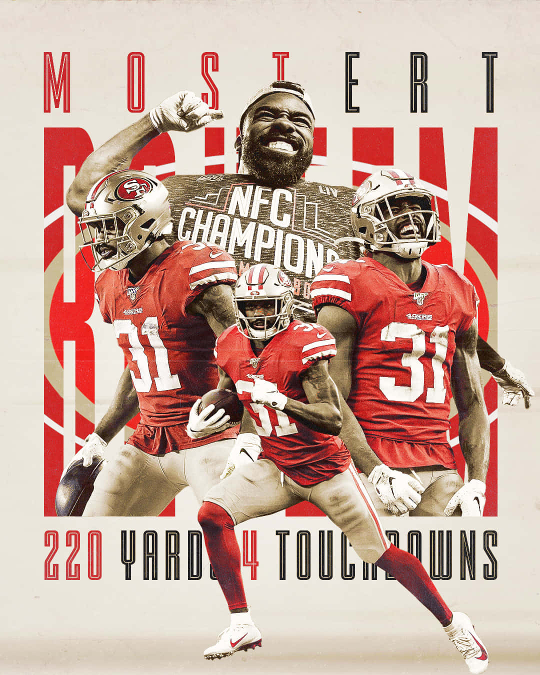  壁紙 — 慶祝舊金山49人隊足球員穿著紅色制服，上面有「Mostert」和「NFC Champions」字樣。