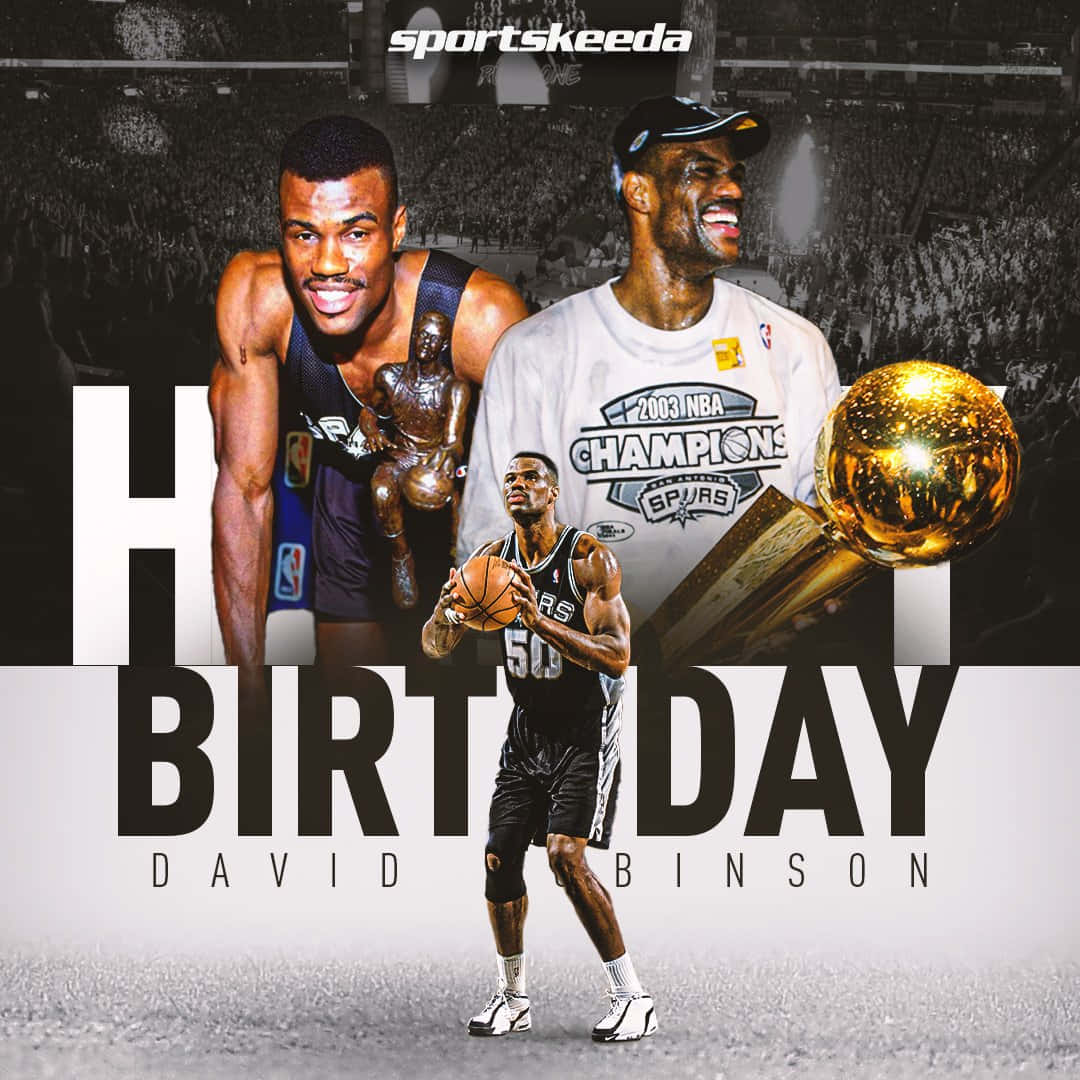 大衛·羅賓遜籃球運動員在馬刺慶祝圖形中手持獎盃。 — NBA 壁紙