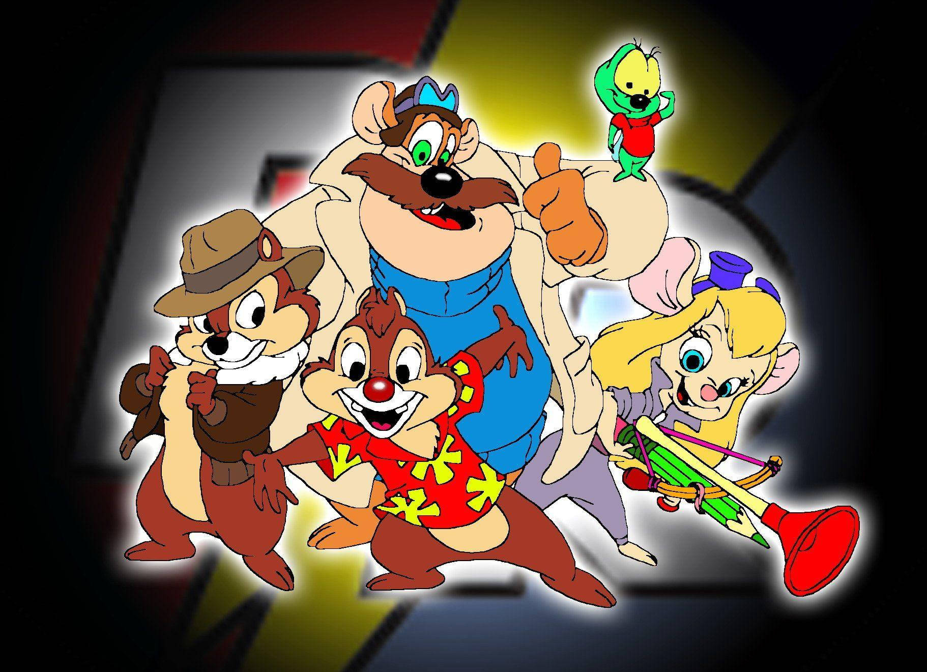 Chip 桌布 壁紙 — Chip Dale 和他們的朋友在一個有發光邊緣的黑暗抽象背景前開心地擺姿勢。