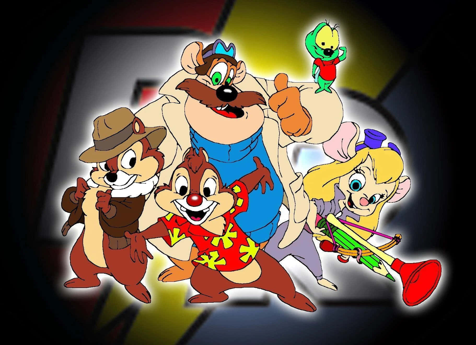 Chip N Dale 桌布 壁紙 — Chip Dale 和他們的朋友在一個有發光邊緣的黑暗抽象背景前開心地擺姿勢。