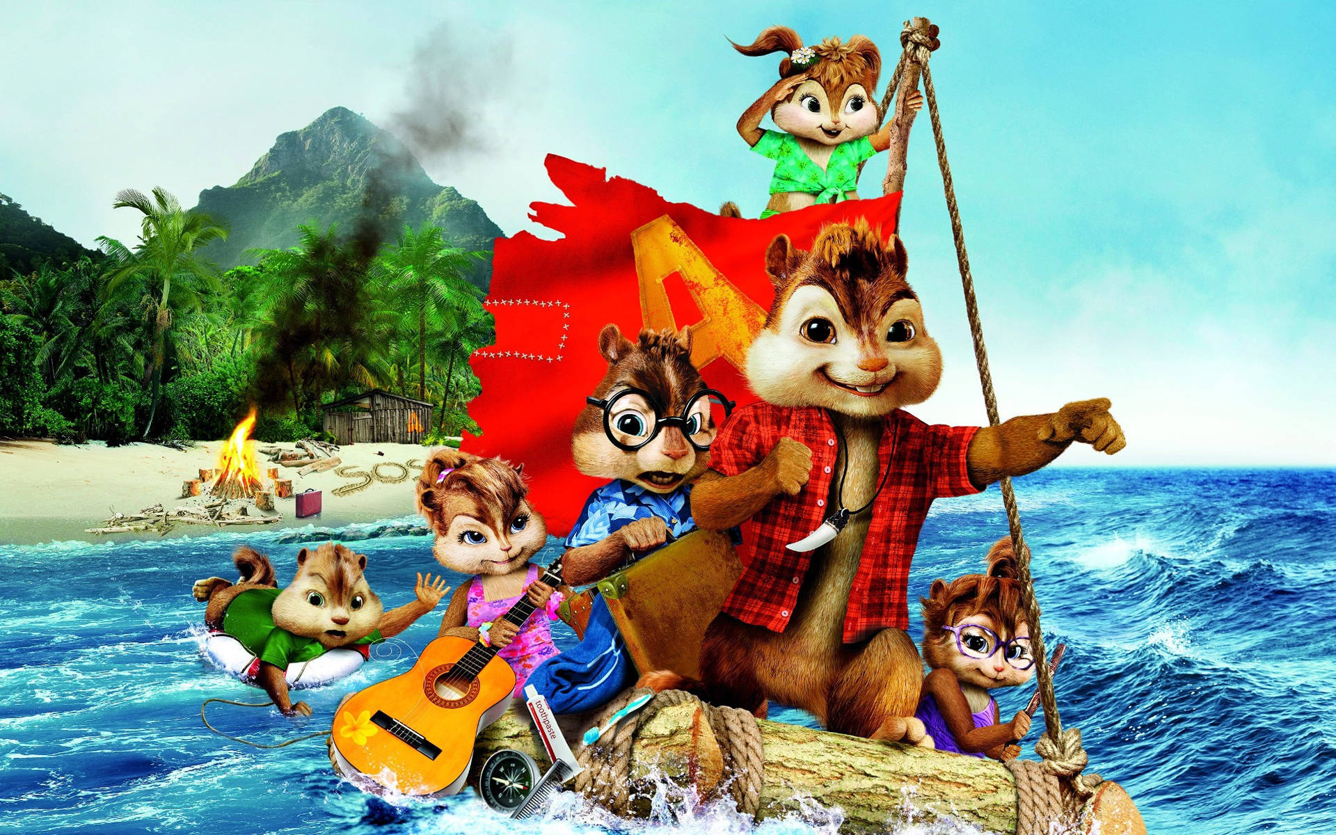 Chipmunks 桌布 壁紙 — Chip 和 Dale 和朋友們在木筏上冒險，穿越海浪，背景有熱帶島嶼和營火。