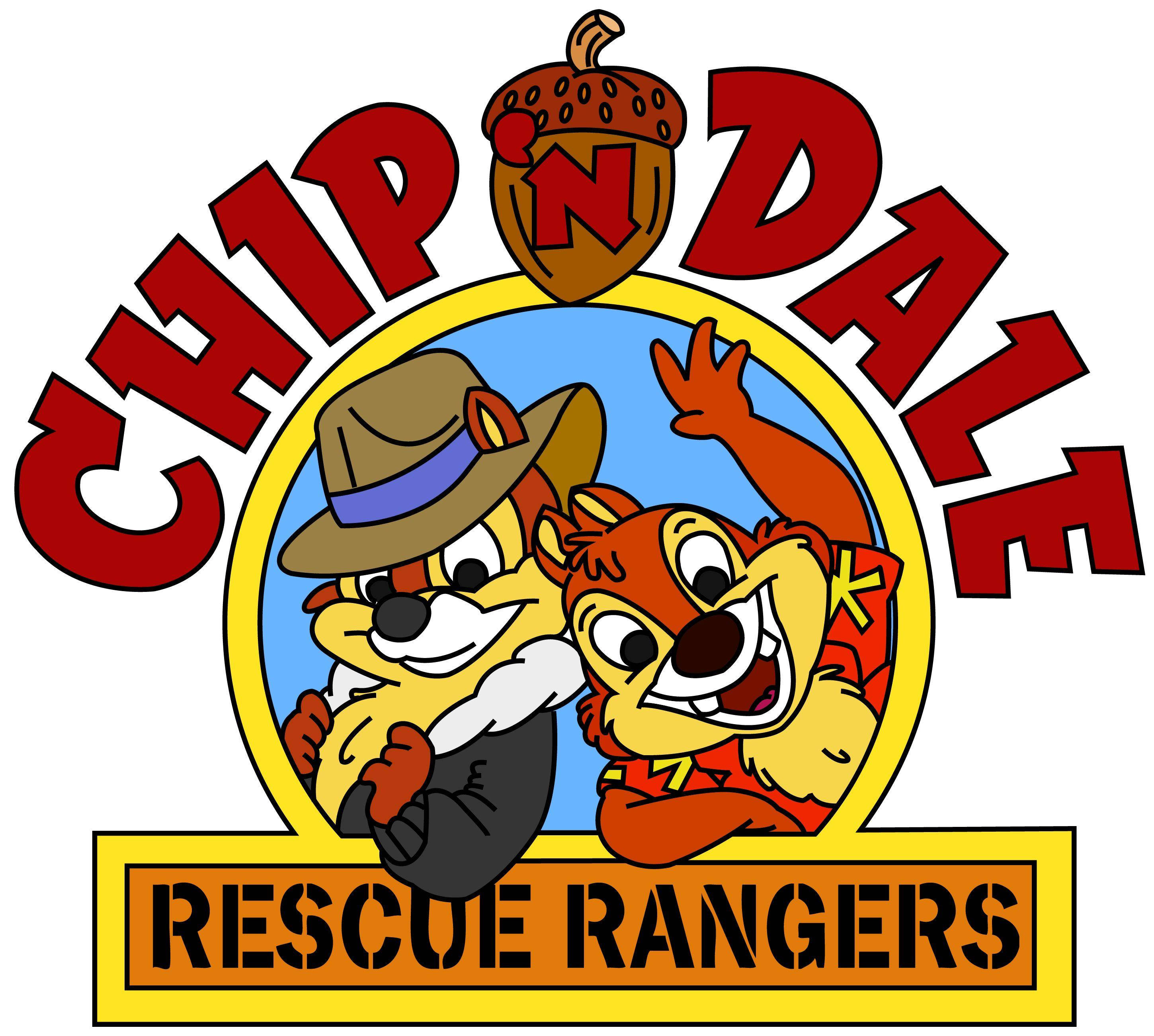 Chip 桌布 壁紙 — Chip 和 Dale 在一個歡快的標誌中，帶有橡子標誌和「Rescue Rangers」文字。