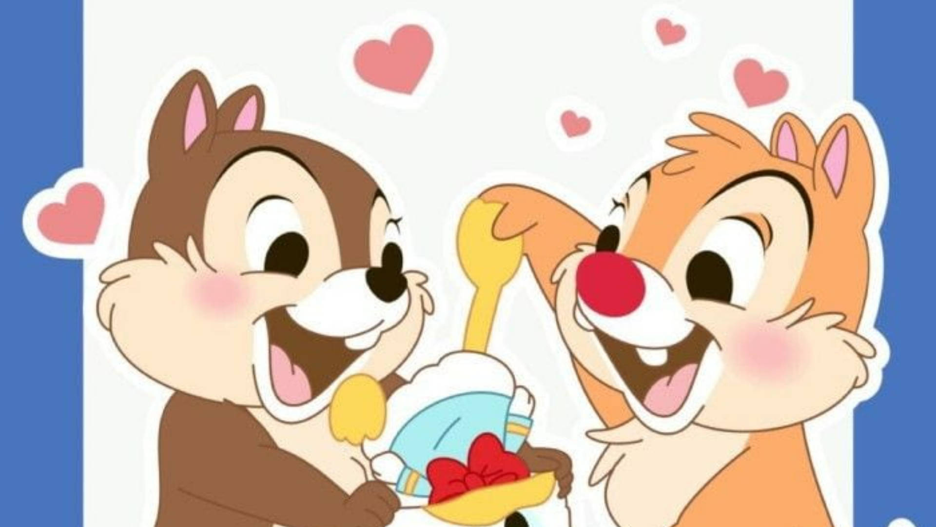 唐老鴨 桌布 壁紙 — Chip 和 Dale 愉快地分享甜點，心形圖案在他們周圍飄浮，構成歡樂的卡通場景。