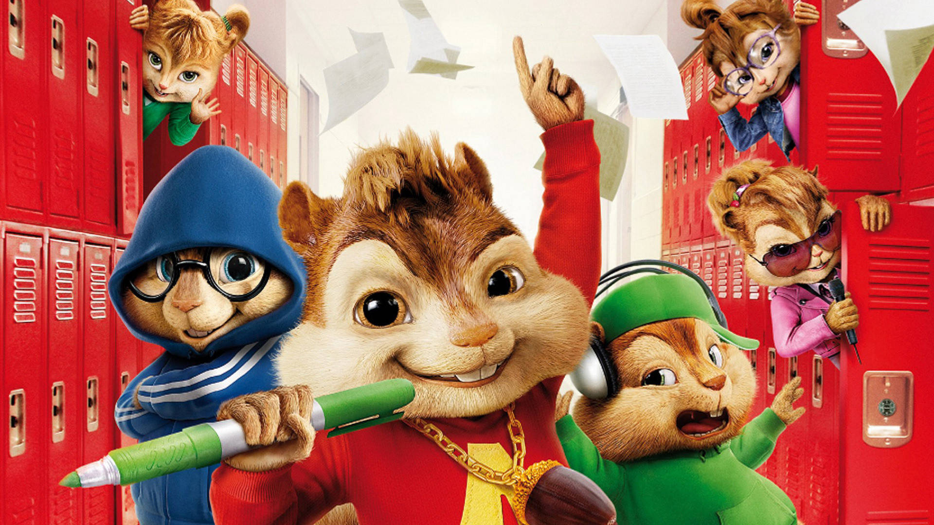 Chipmunks 桌布 壁紙 — Chip 和他的朋友們穿著色彩繽紛的服裝，在學校走廊裡開心地擺姿勢，走廊有紅色置物櫃和飛揚的紙張。