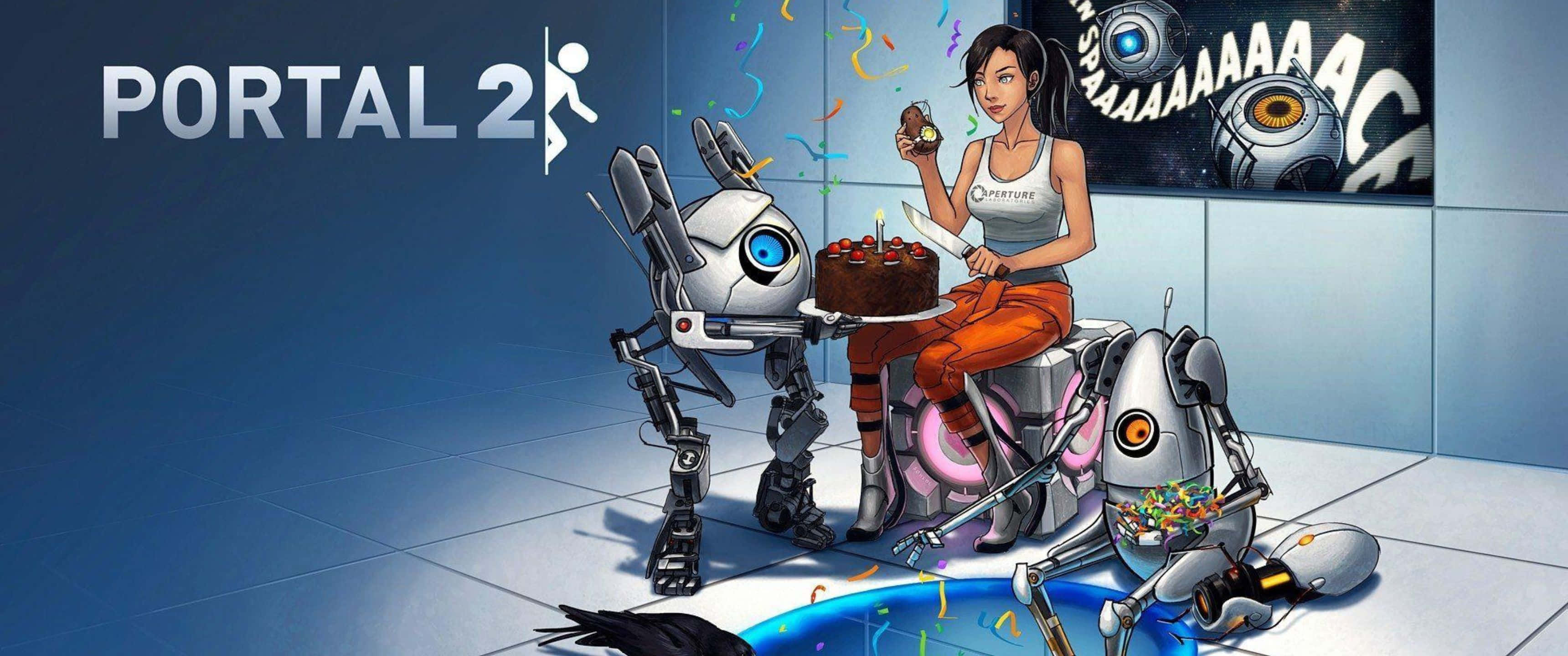 3440x1440p Portal 2 桌布 壁紙 — Chloe 和兩個機器人在藍色瓷磚實驗室裡用蛋糕慶祝，房間充滿五彩紙屑和遊戲標誌。
