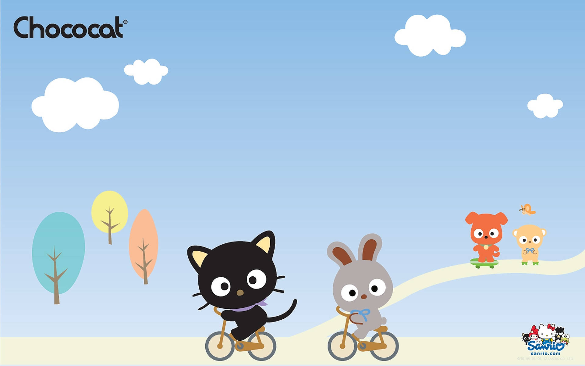 Chococat 桌布 壁紙 — Chococat 和朋友們在晴朗的藍天白雲和色彩繽紛的樹木背景下騎自行車。