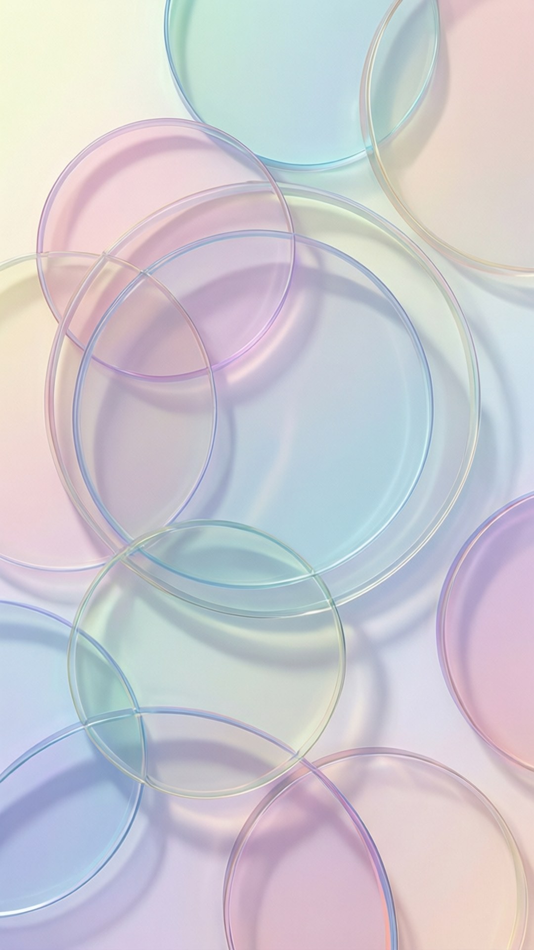 Pastel Geometric Circles 壁紙 — 重疊的半透明粉彩圓圈在漸變背景上投下柔和陰影。