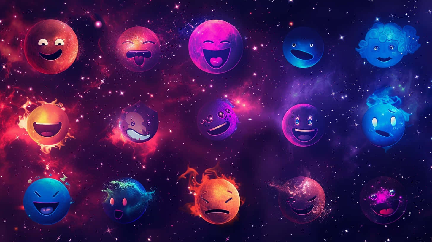  壁紙 — 充滿表情的鮮豔表情符號行星在充滿星星和發光氣體雲的宇宙星雲中快樂地漂浮。