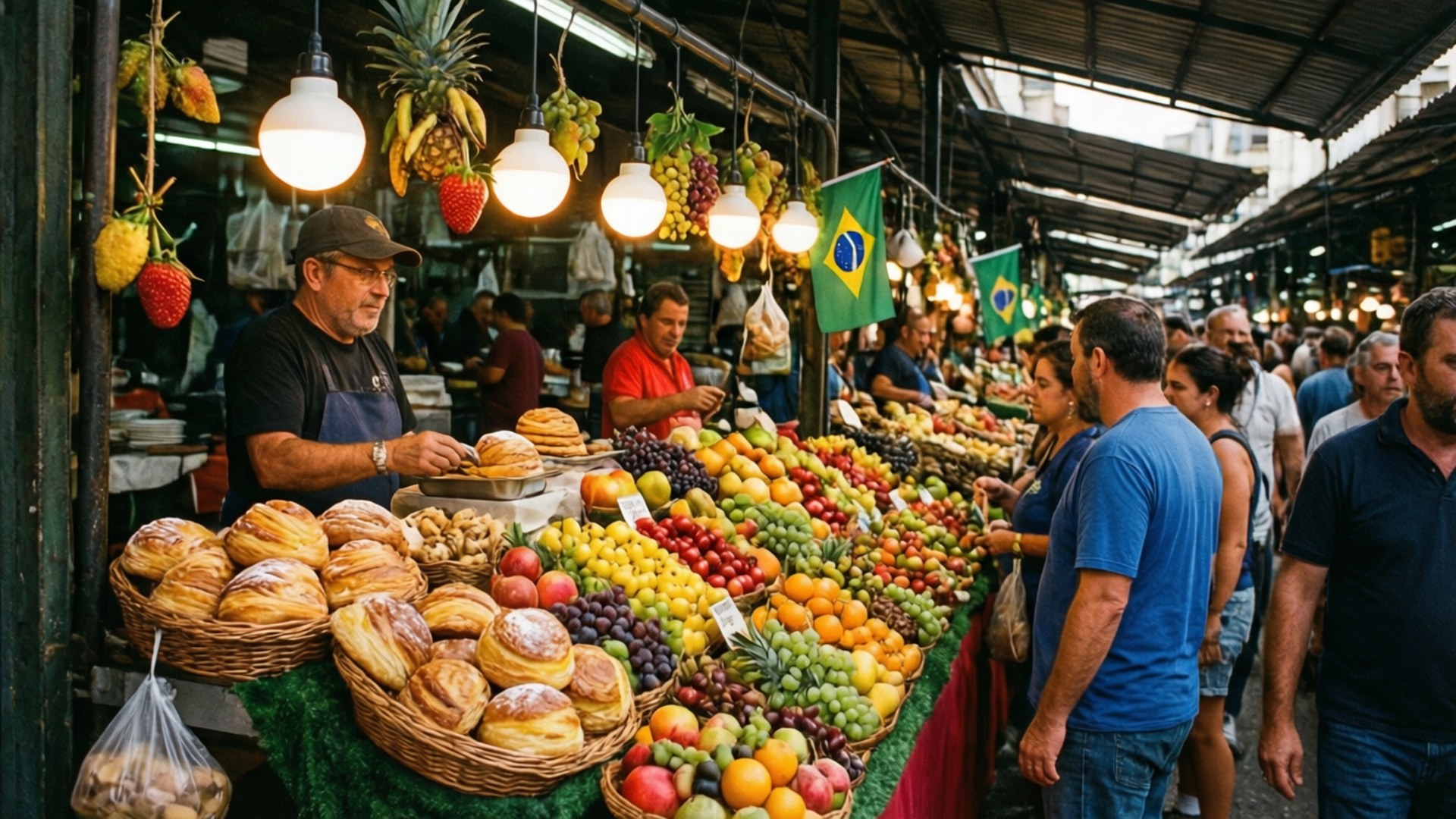 Mercadão Food Market 壁紙 — 充滿活力的巴西市場攤位，在溫暖的吊燈下擺滿了色彩繽紛的水果和糕點。