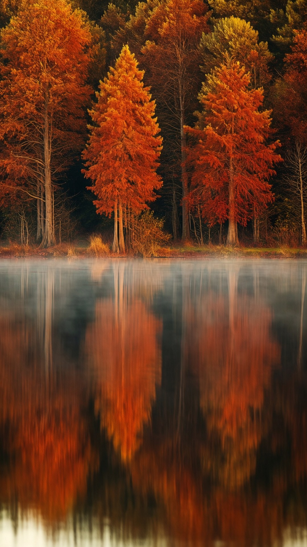 Autumn Lake Reflection 壁紙 — 充滿活力的橙色秋樹高聳在霧氣瀰漫的湖邊，倒映出它們火紅的倒影。