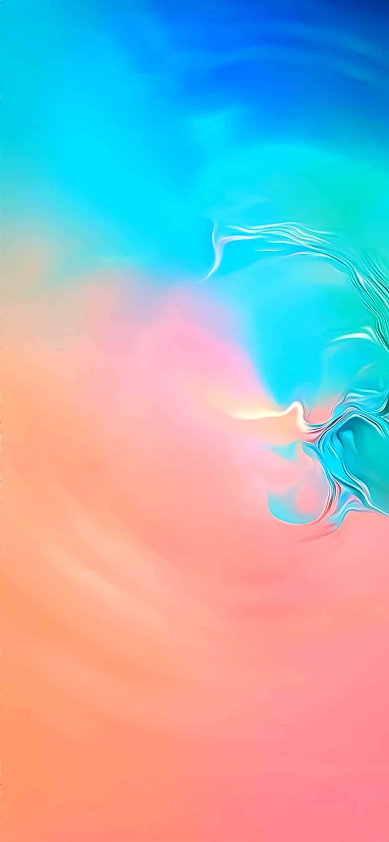 動態數位藝術作品，帶有流暢的藍綠色和珊瑚粉色漸變。 — Galaxy S10 壁紙