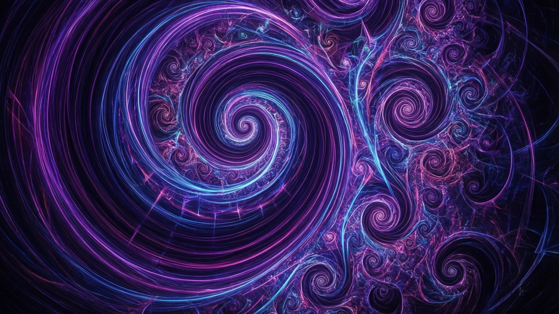 Fractal Dream 壁紙 — 充滿活力的電紫色和青色分形螺旋在深黑色背景上旋轉。
