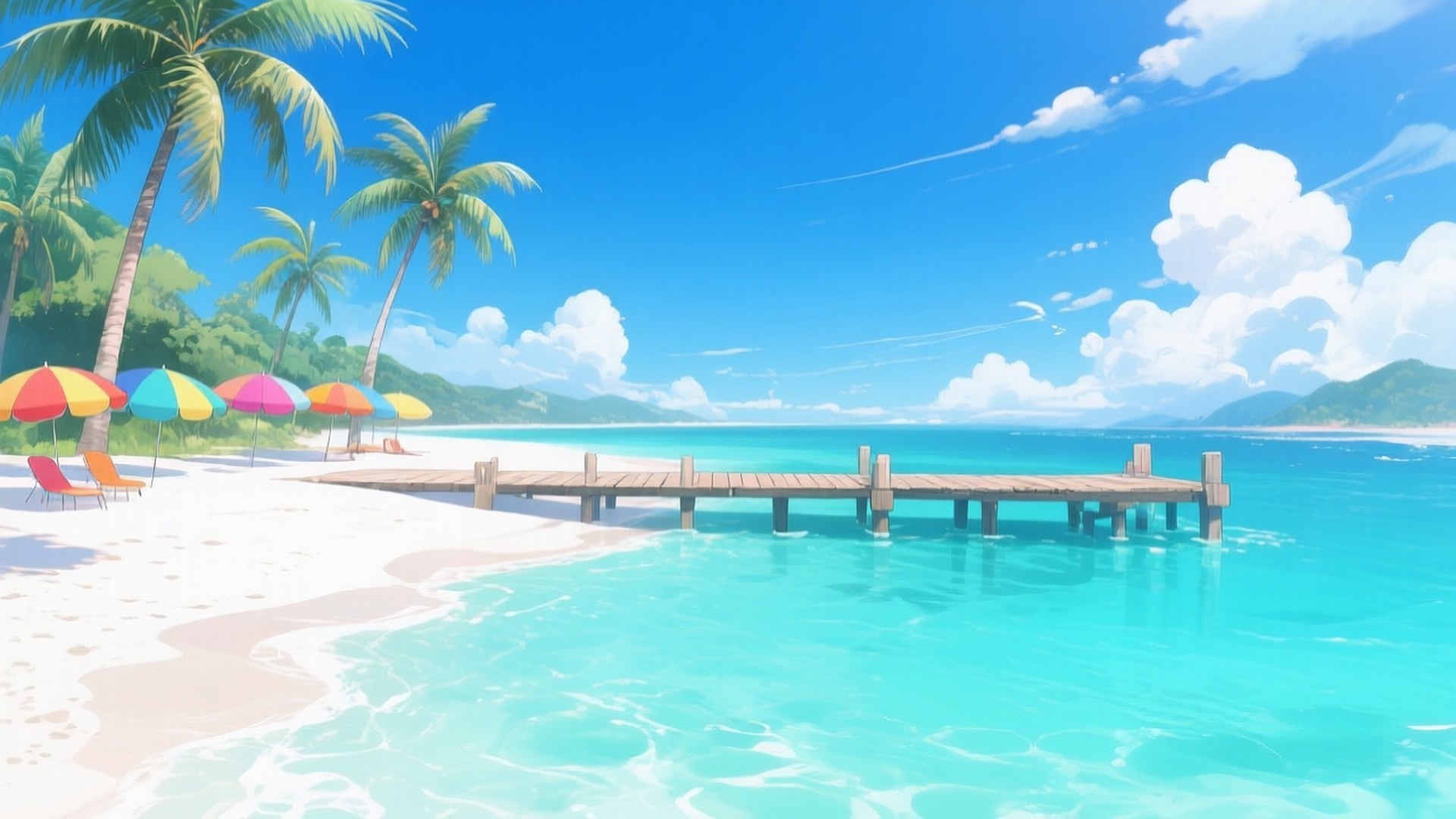 Tropical Beach Paradise 壁紙 — 充滿活力的動畫熱帶海灘，有碧綠的海水、棕櫚樹和色彩繽紛的遮陽傘，在明亮的藍天下。