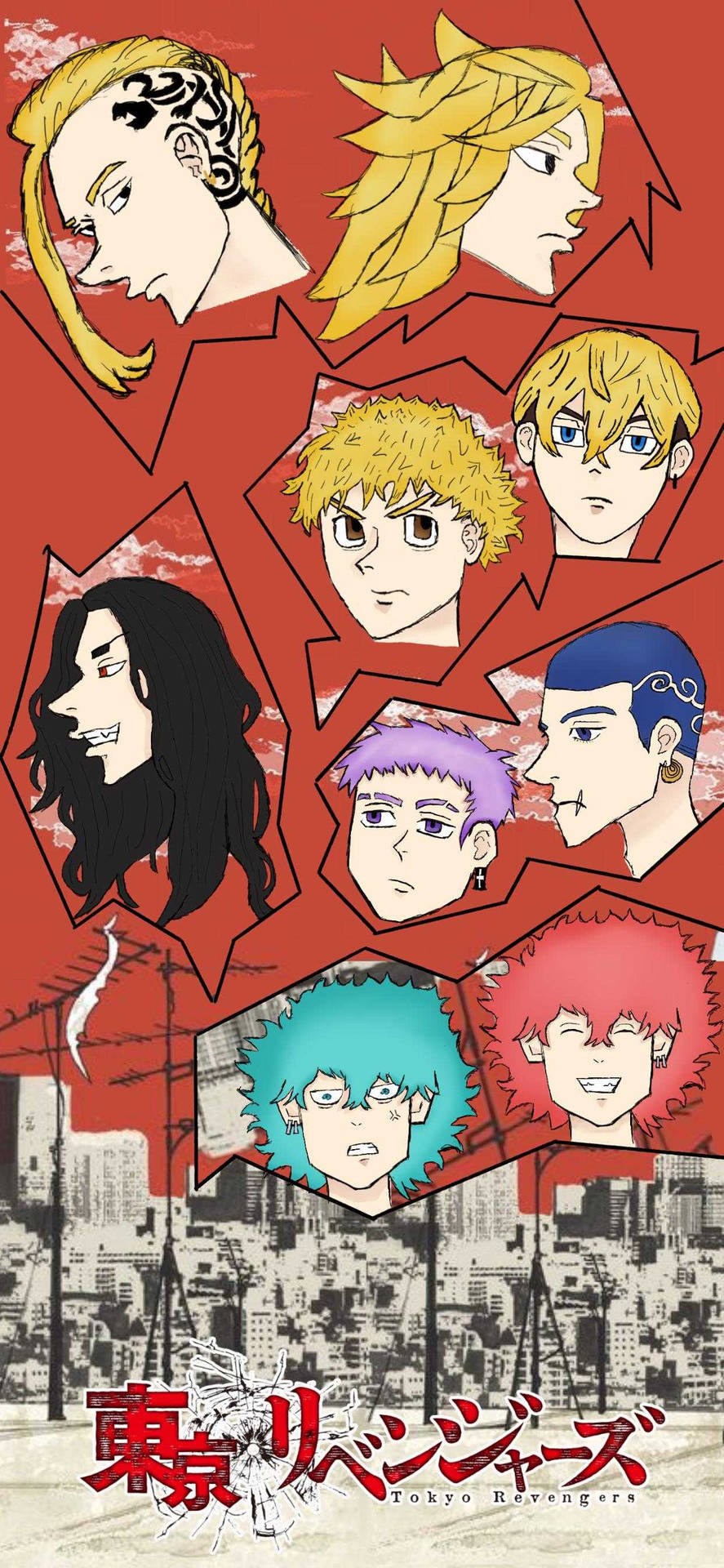 來自東京復仇者的動漫角色漂浮在城市天際線上方。 — Mikey Tokyo Revengers 壁紙
