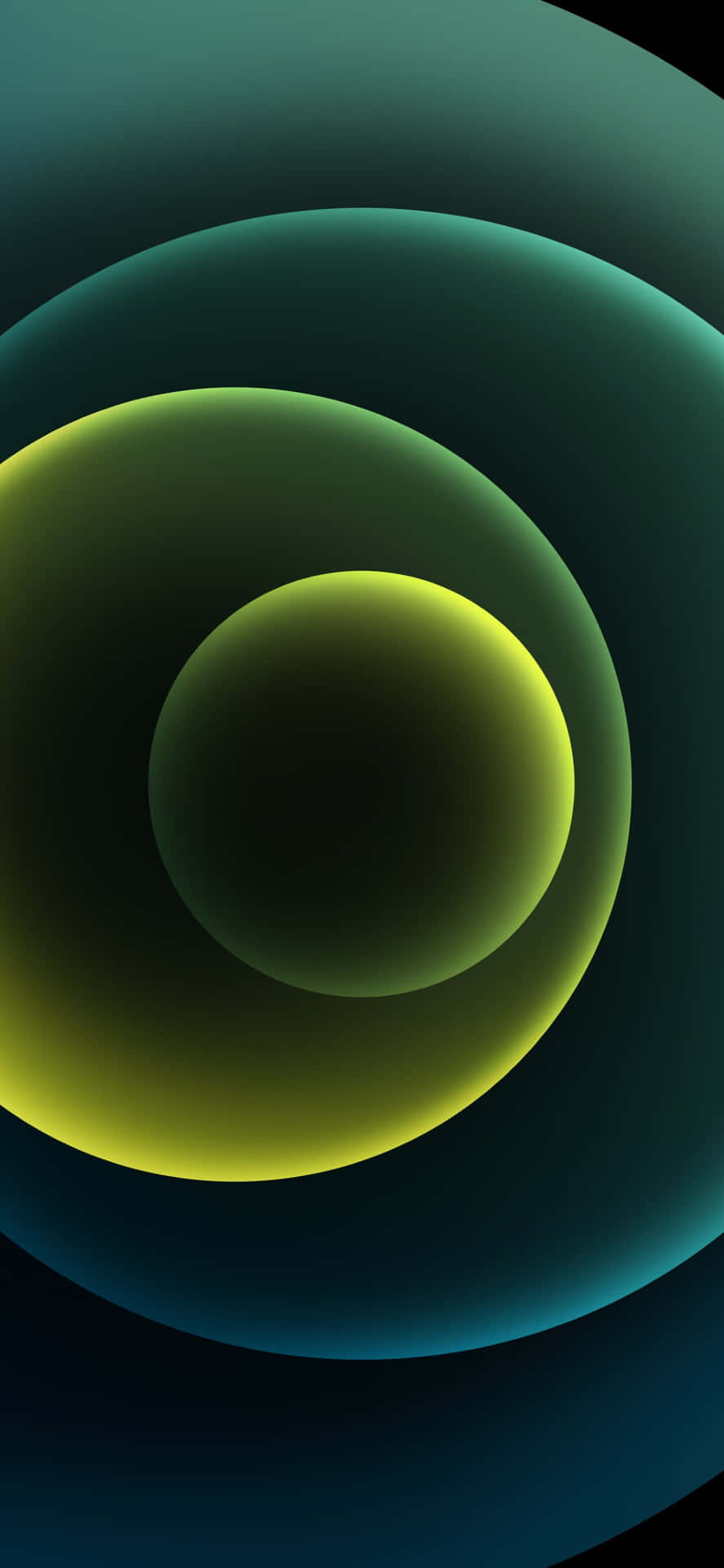  壁紙 — 充滿活力的發光綠色和藍綠色同心圓在黑暗的宇宙虛空中漂浮，帶有柔和的漸變照明。