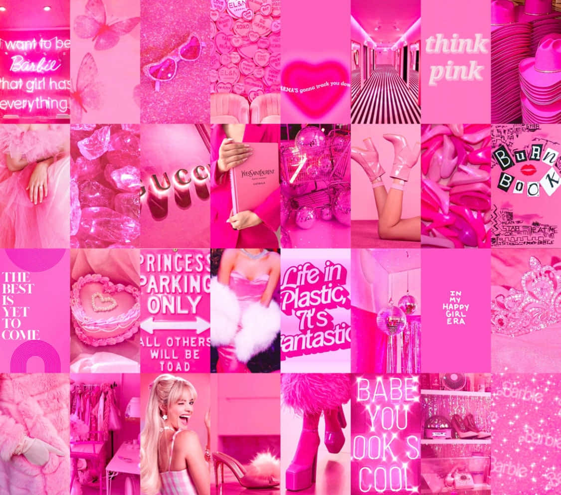 Glitter Barbie Aesthetic 桌布 壁紙 — 充滿活力的粉紅色芭比主題拼貼畫，包含名言、時尚配飾和標誌性短語，呈現俏皮美學。